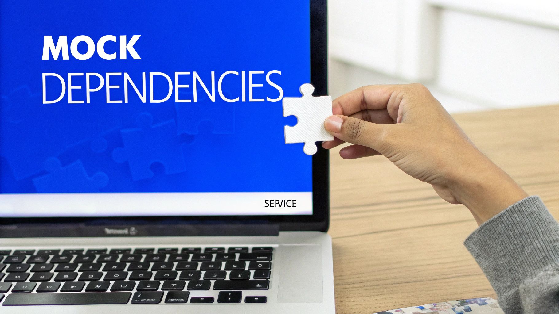 A hand holds a puzzle piece towards a laptop screen displaying 'MOCK DEPENDENCIES' and 'SERVICE'.