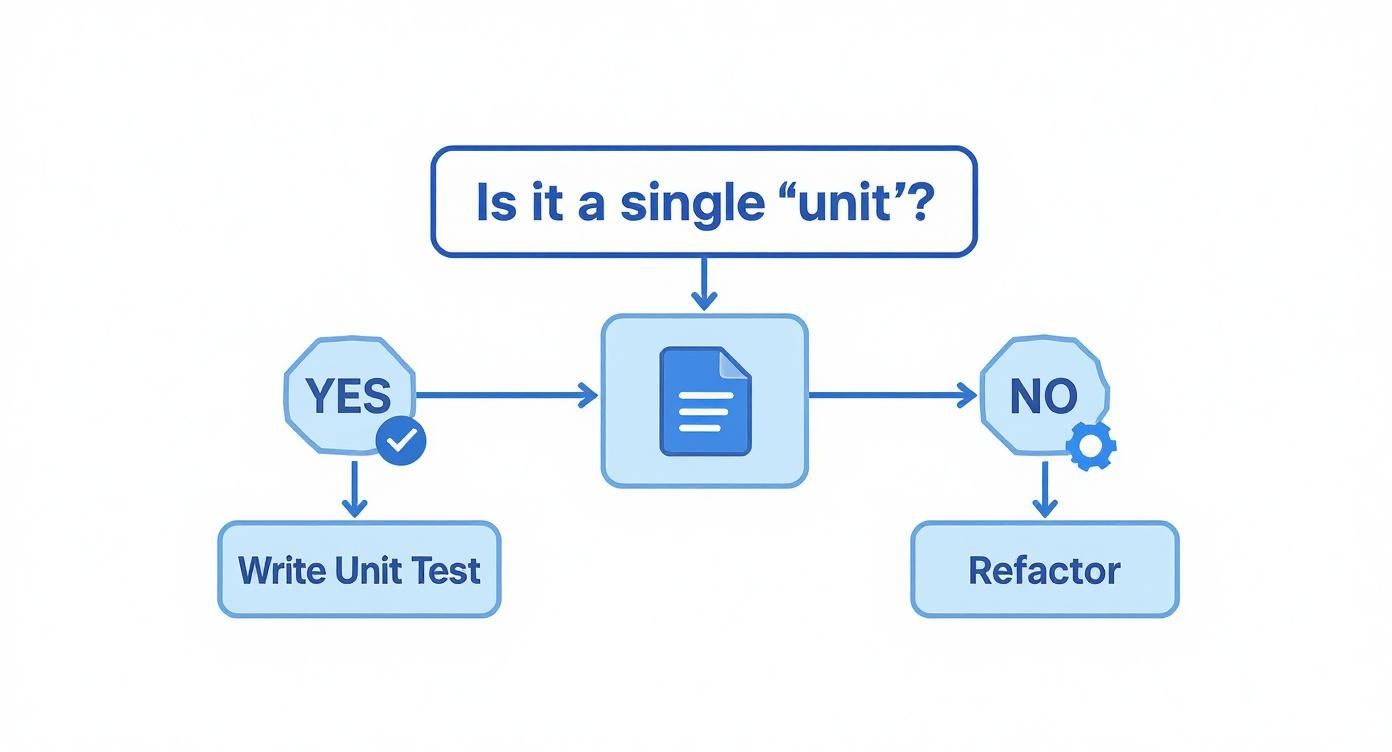 A flowchart showing the process for unit testing: if it's a single unit, write a test; otherwise, refactor.