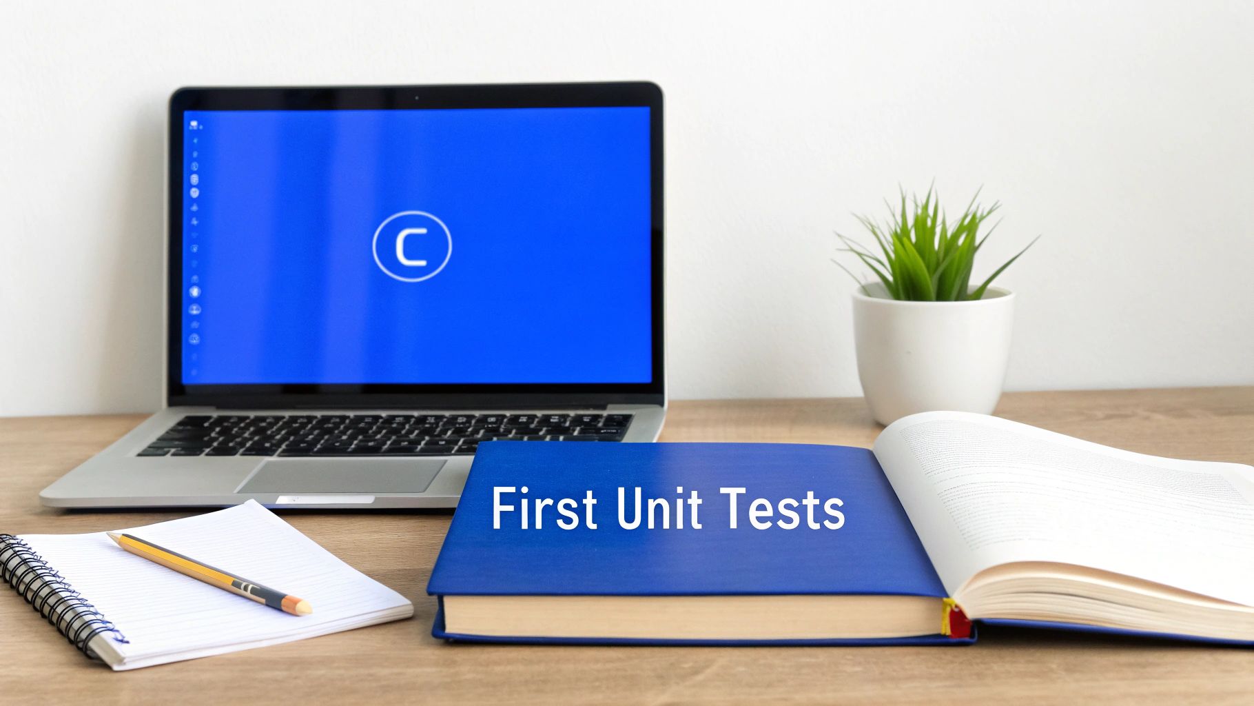 A desk setup with a laptop showing a C logo, a book titled 'First Unit Tests', a notebook, and a plant.