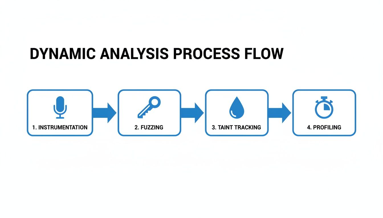 Process flow diagram illustrating four steps of dynamic analysis: Instrumentation, Fuzzing, Taint Tracking, and Profiling.