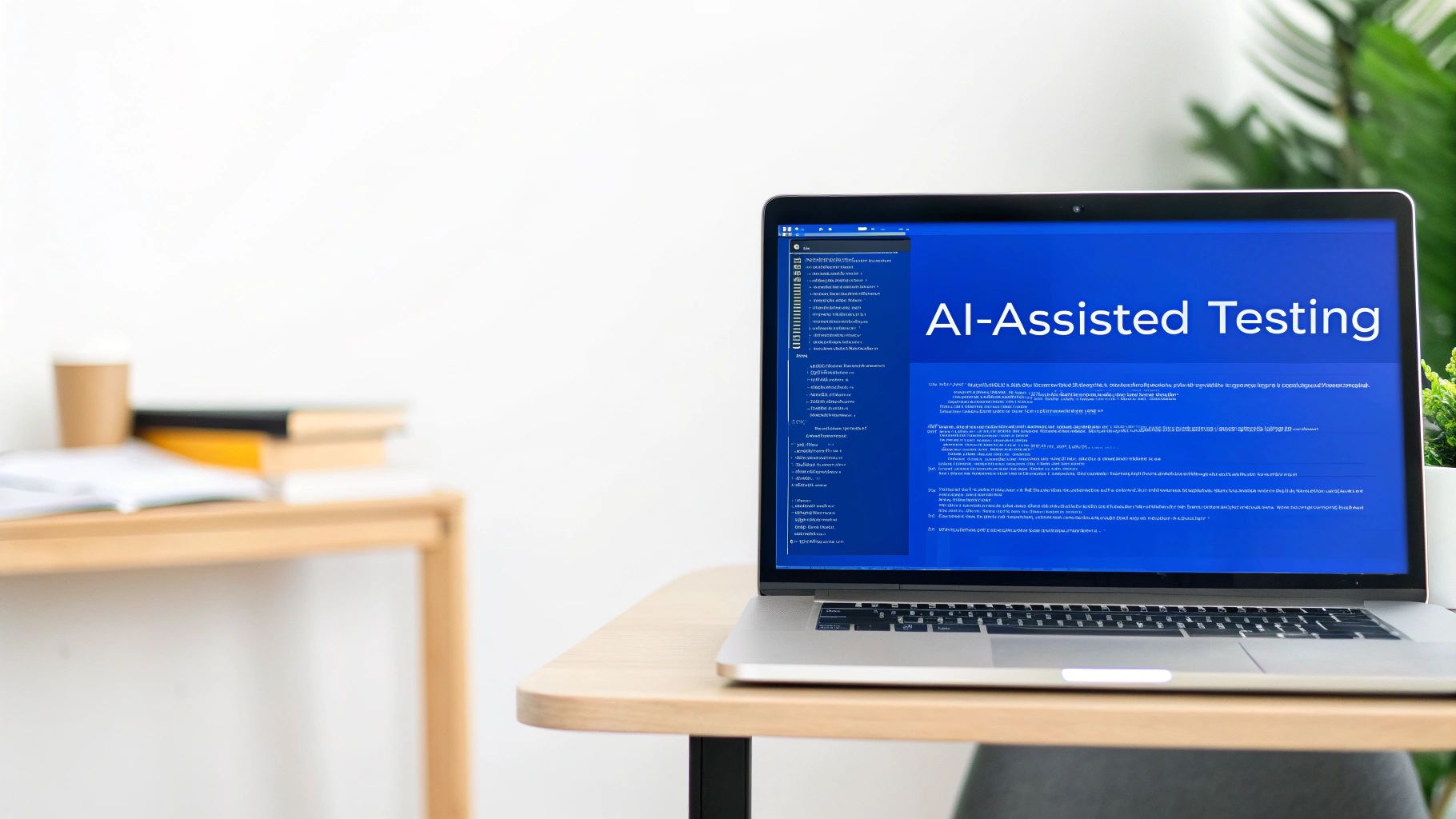 A laptop on a wooden desk displays "AI-Assisted Testing" on its screen, with code.