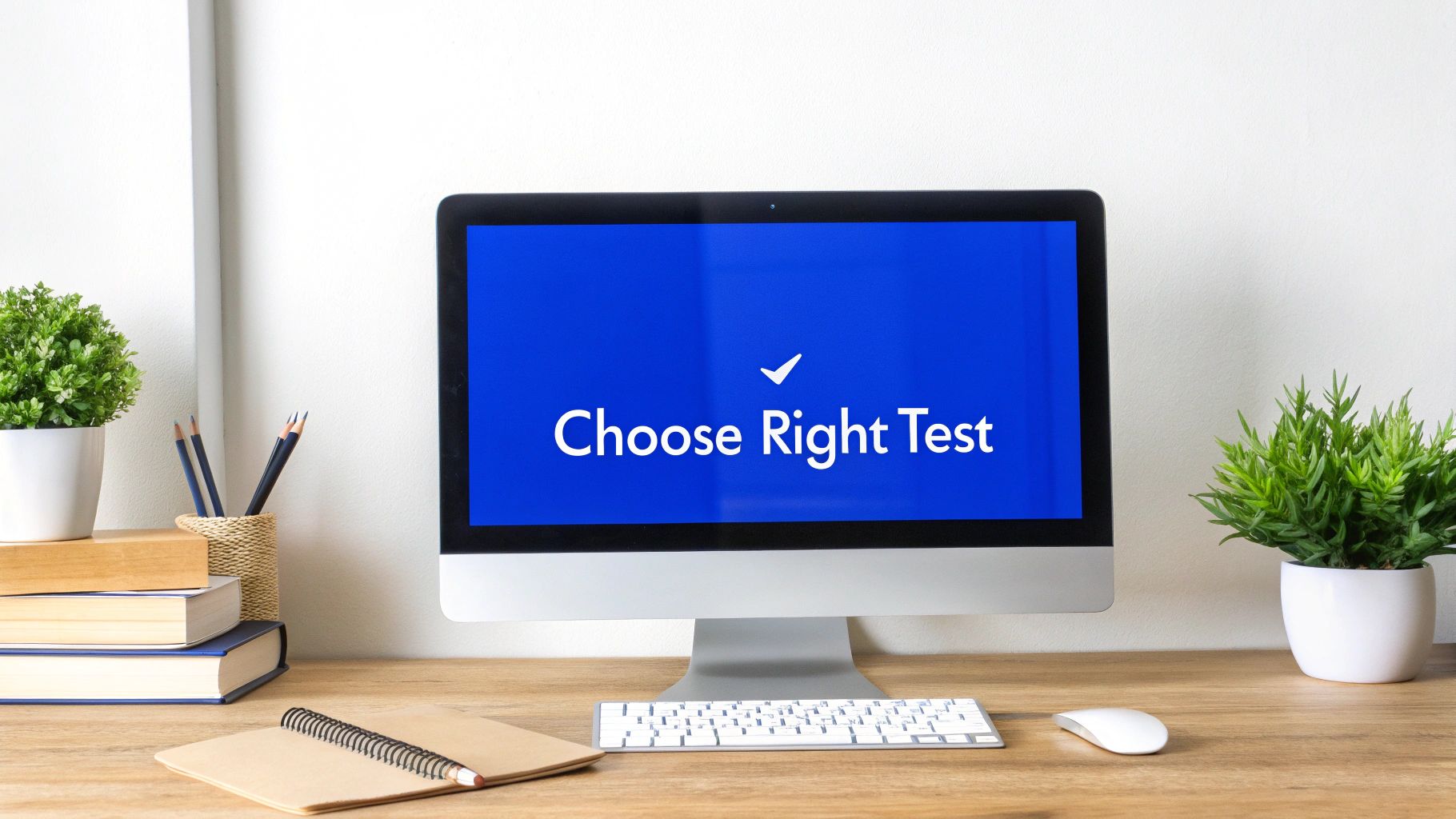 A computer screen displays 'Choose Right Test' with a checkmark on a desk with office supplies and plants.