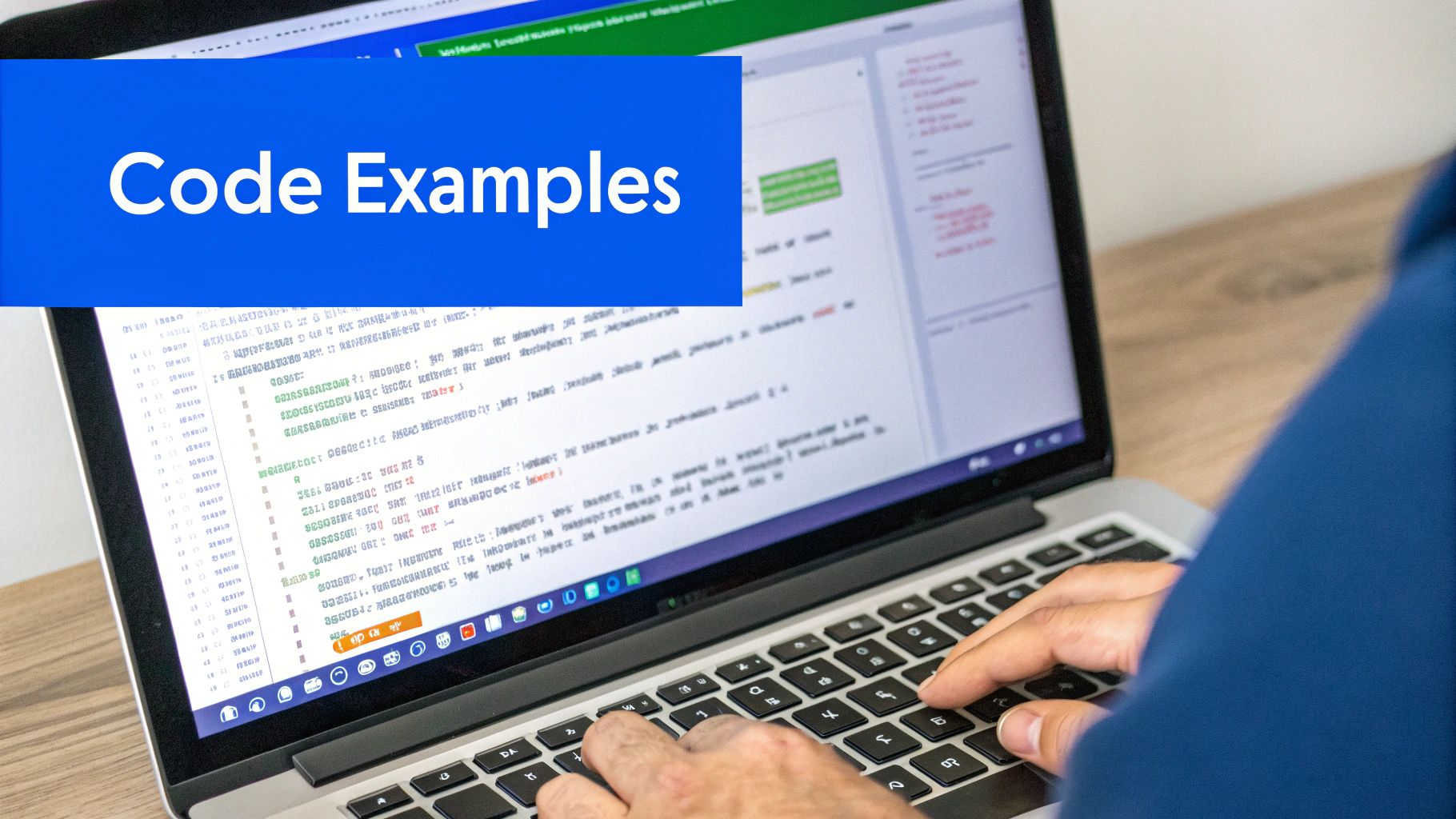 A person typing code on a laptop computer with a blue overlay saying 'Code Examples'.