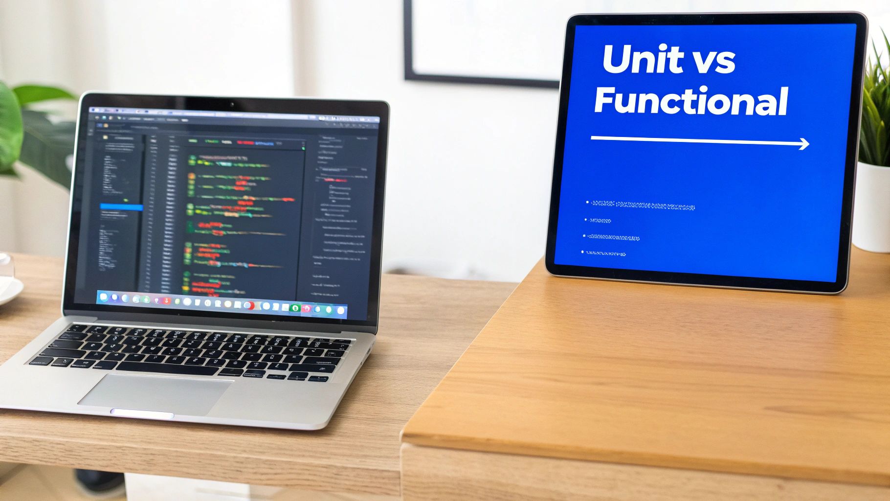 A laptop displaying code next to a tablet showing a 'Unit vs Functional' presentation.