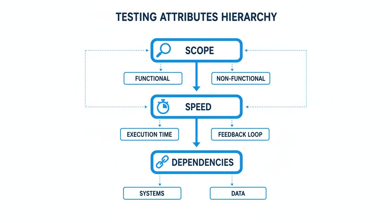 A hierarchy diagram illustrating key testing attributes: scope, speed, and dependencies with their sub-attributes.