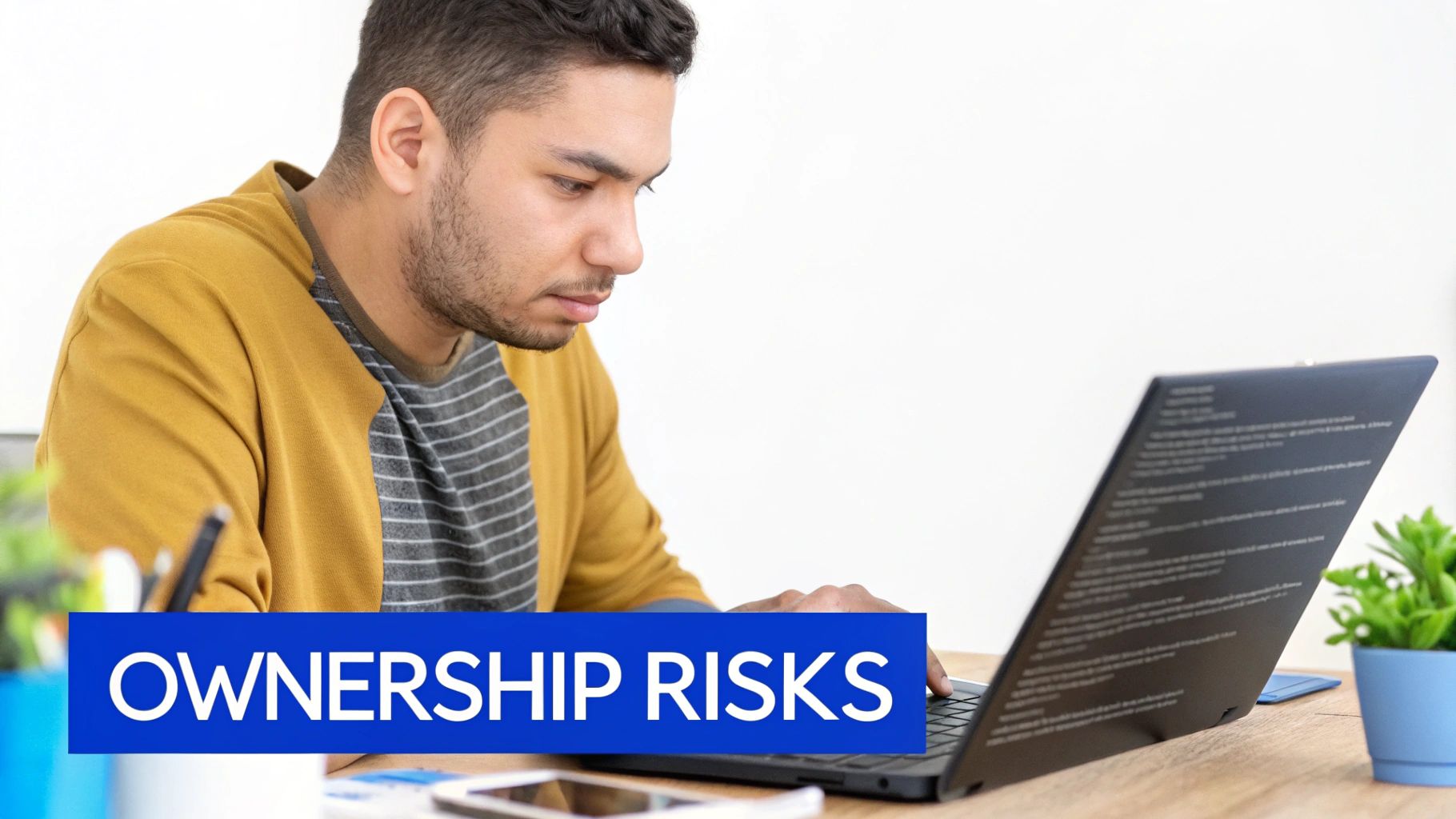 A young man in a yellow sweatshirt works on a laptop, with a prominent 'OWNERSHIP RISKS' banner.