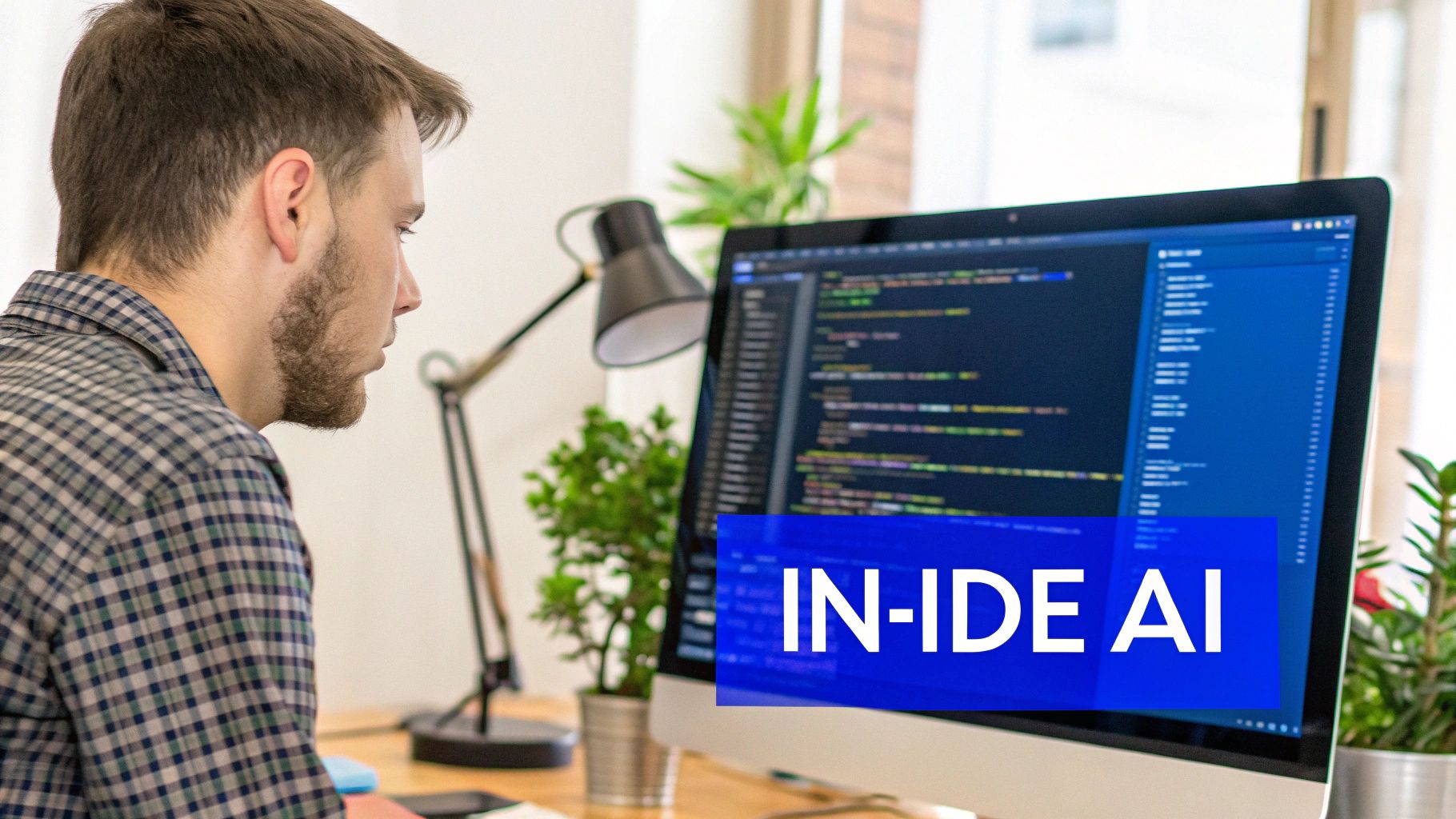 A male developer in a plaid shirt looking at a computer screen displaying code and 'IN-IDE AI' text.
