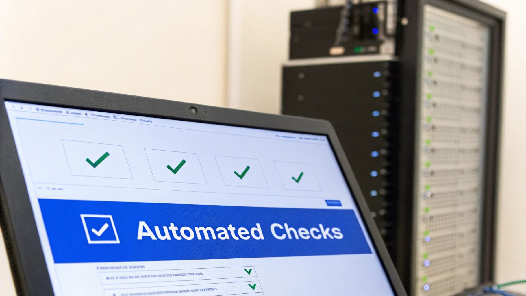 A laptop displays 'Automated Checks' with green checkmarks, situated in front of server racks.