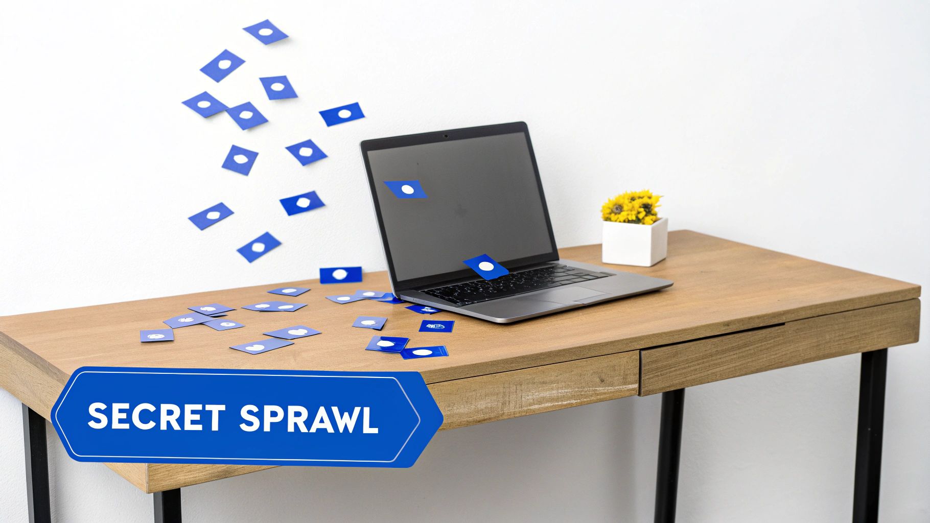 Laptop on wooden desk with blue security icons representing secret scanning and data protection