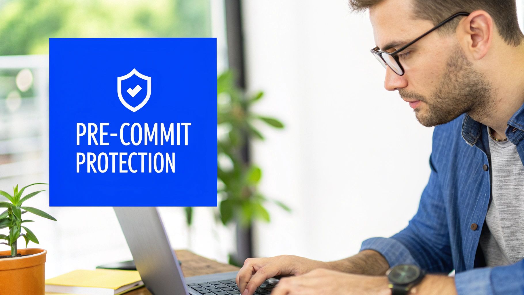 Developer working on laptop with pre-commit protection security shield icon displayed on screen