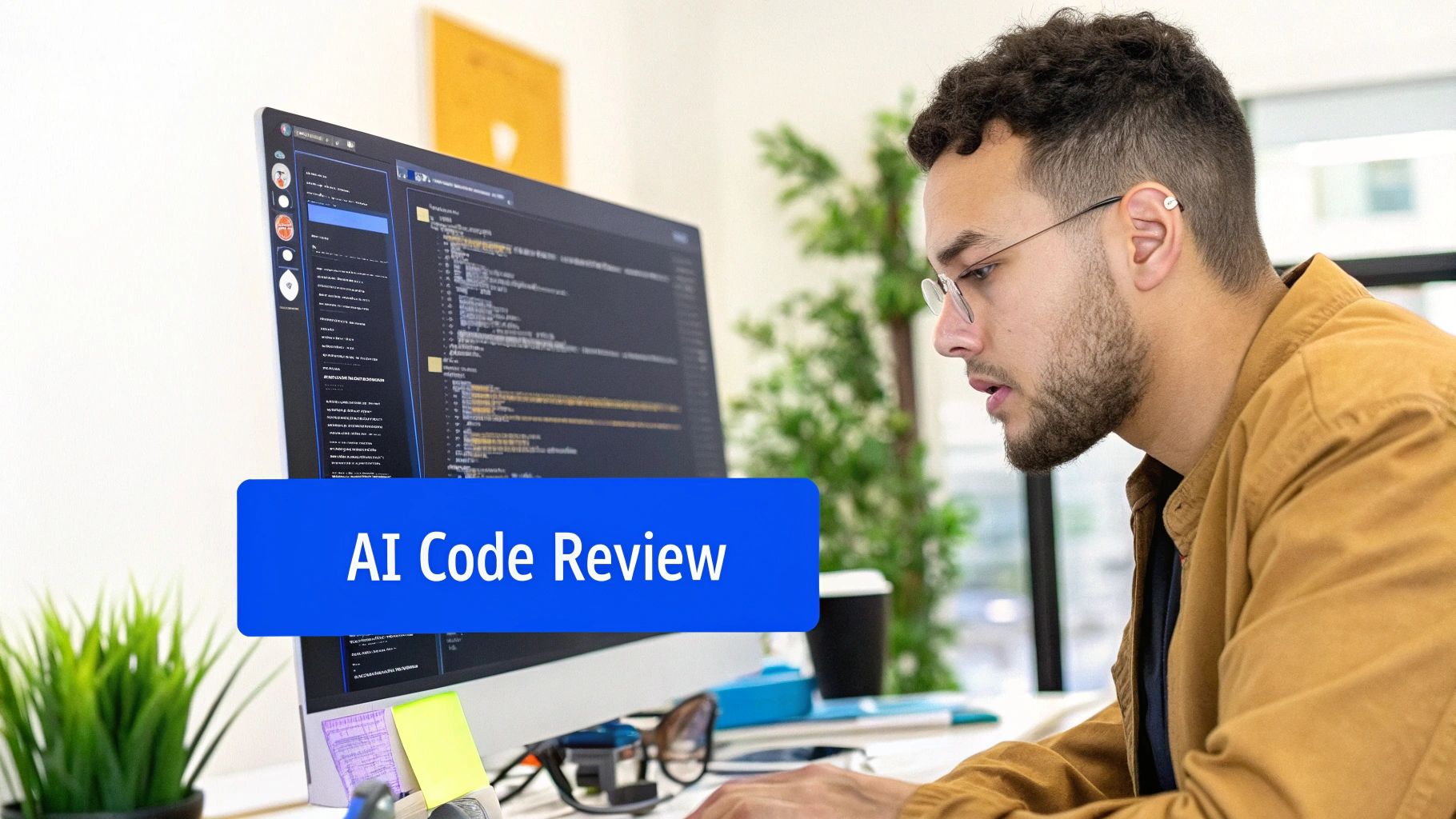 A focused developer reviews code on a computer screen with an 'AI Code Review' overlay.