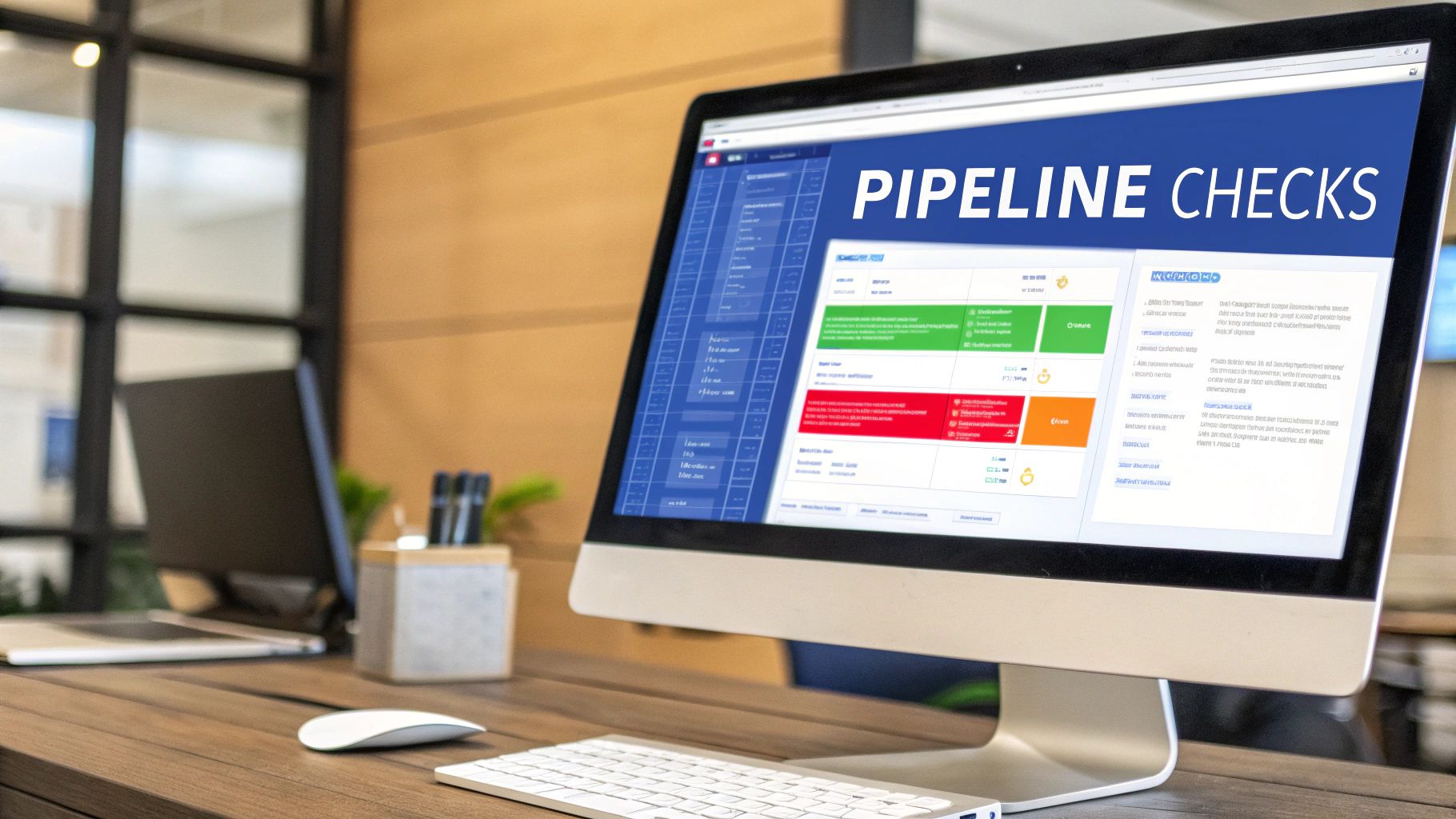 A computer monitor displays a 'Pipeline Checks' dashboard with colored status indicators on an office desk.