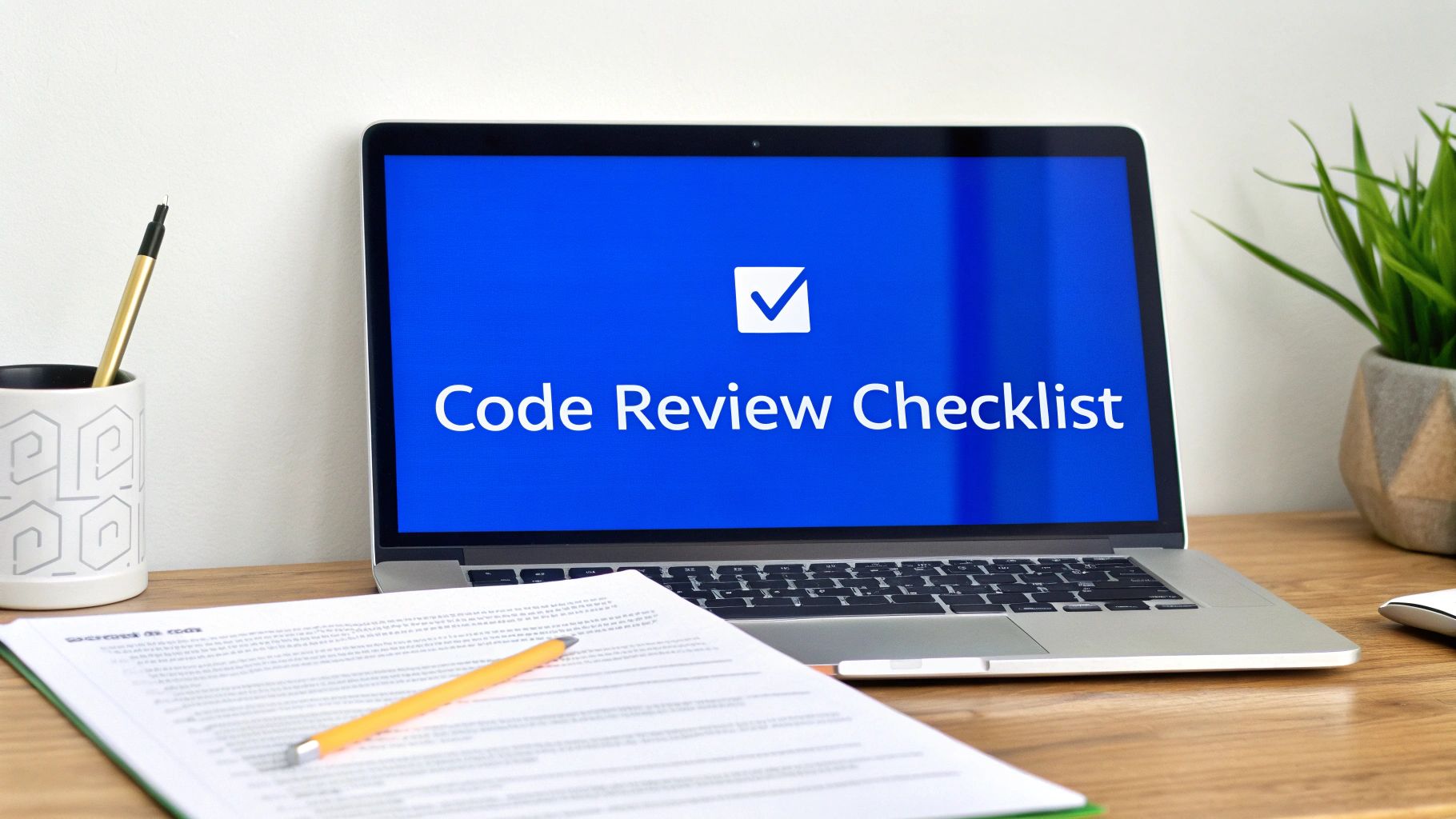 A laptop displays 'Code Review Checklist' on a blue screen, next to a document and a plant.