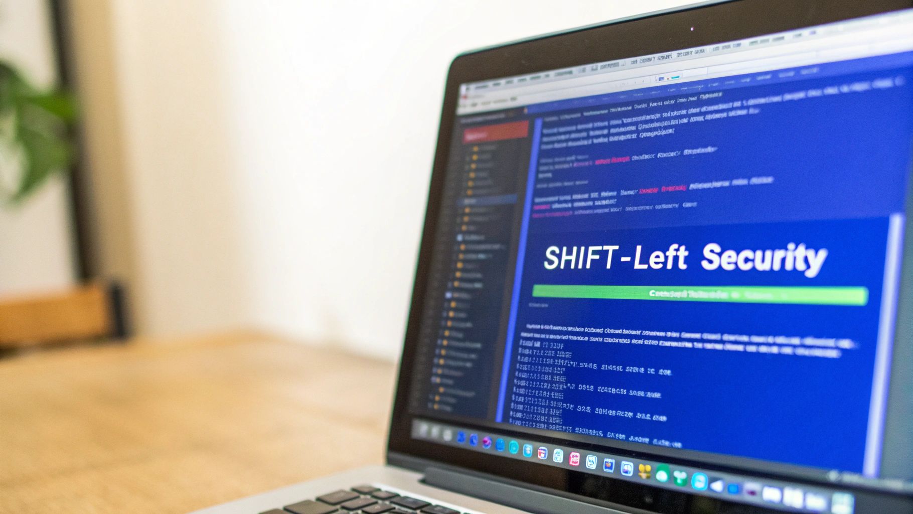 Laptop screen displaying "SHIFT-Left Security" and source code, symbolizing software development practices.