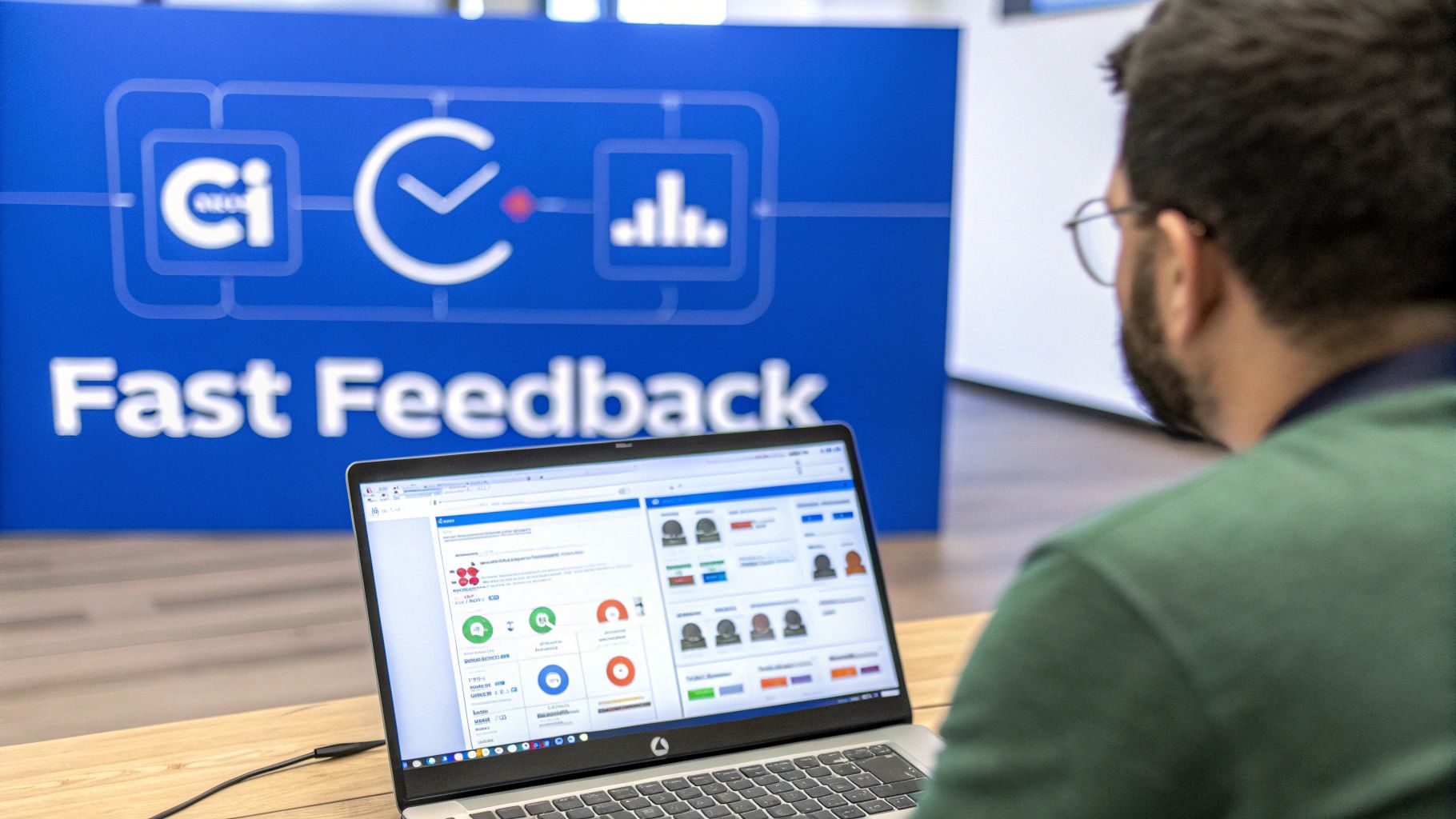 A person views a software dashboard on a laptop with a 'Fast Feedback' banner in the background.