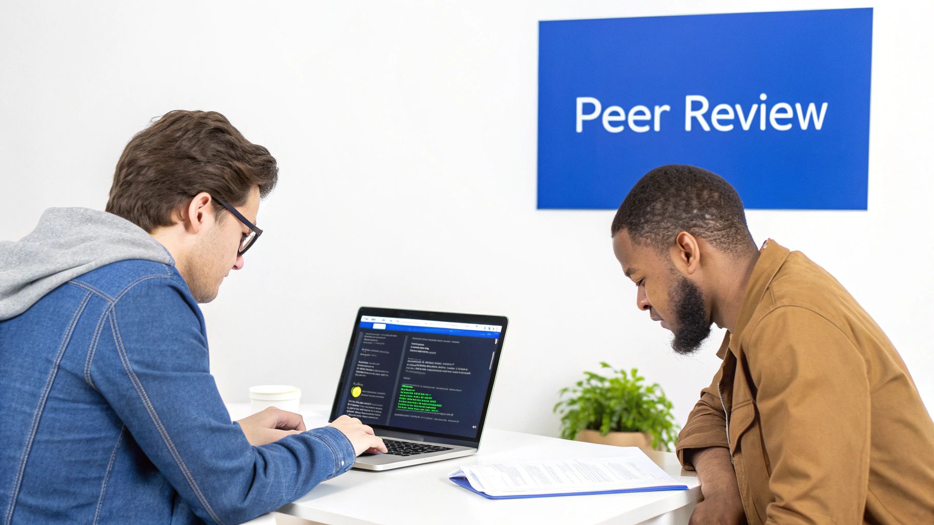 Two men collaborate on a peer review, one coding on a laptop, the other reviewing documents.