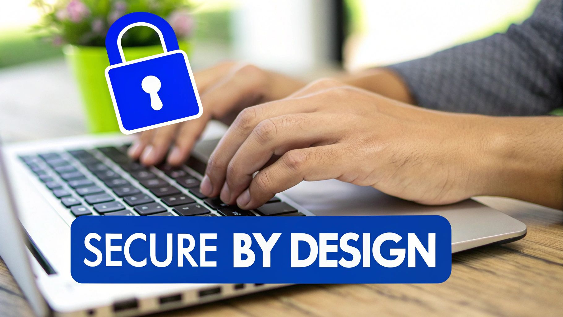 Hands typing on a laptop, a blue padlock, and 'SECURE BY DESIGN' text, representing digital security.