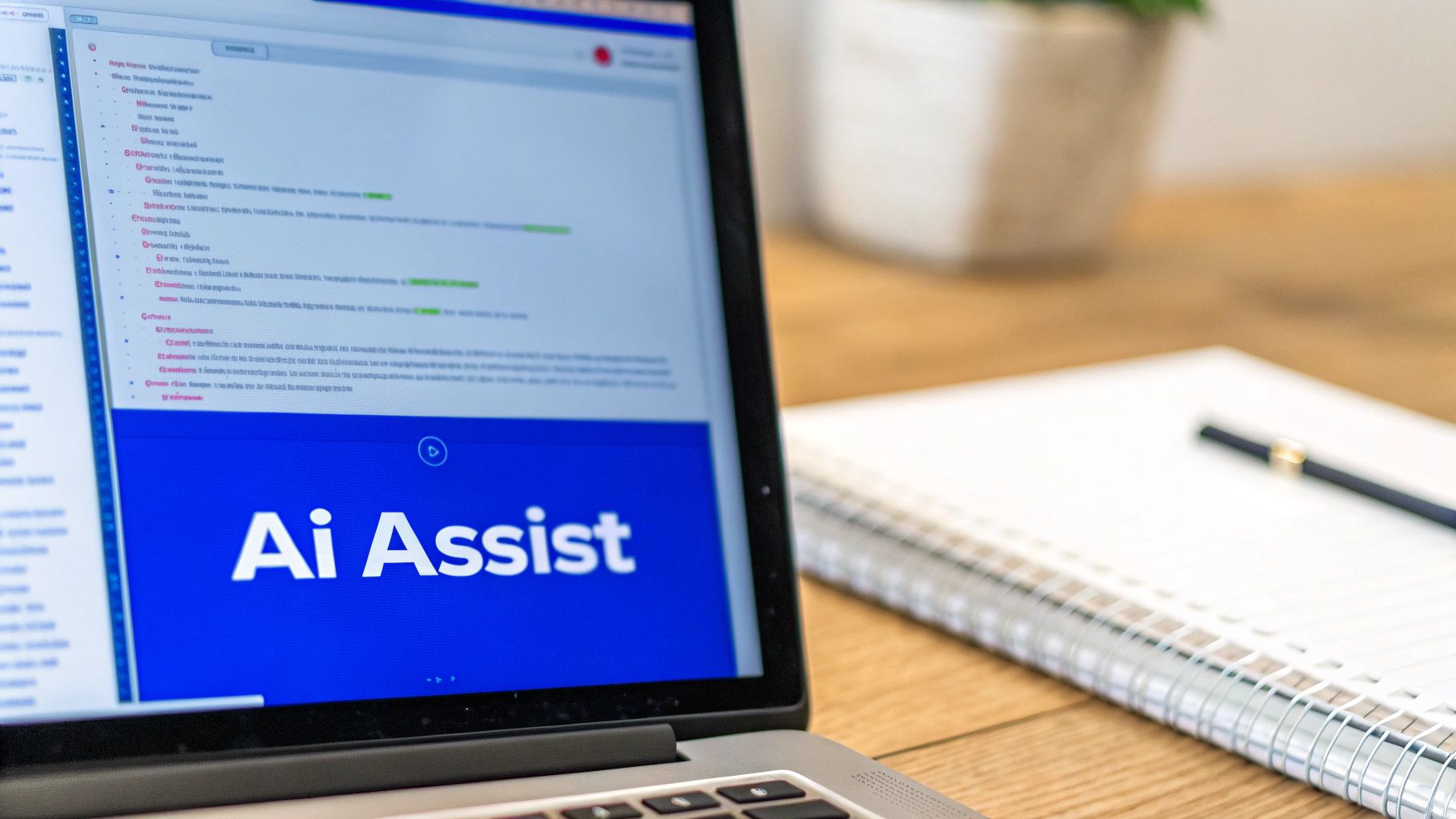 A laptop screen showing 'Ai Assist' on a blue banner, with a notebook and pen on a wooden desk.