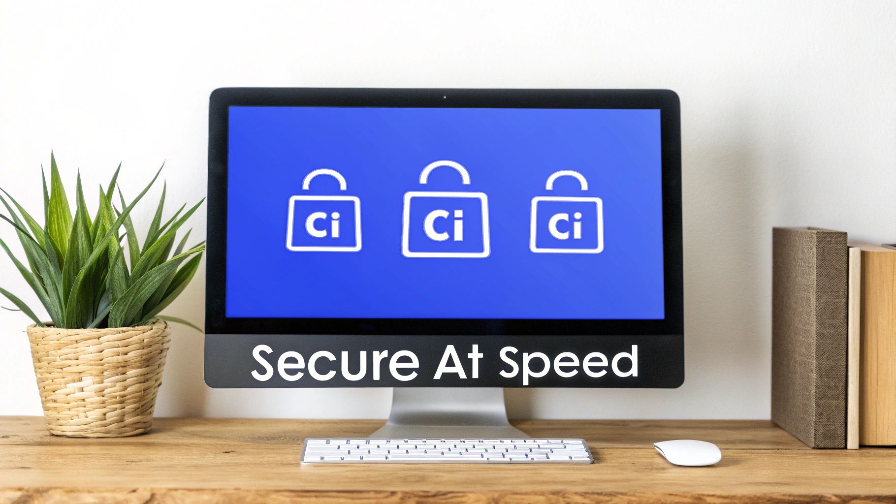 Desktop computer with "Secure At Speed" on screen, a plant, keyboard, and mouse on a wooden desk.