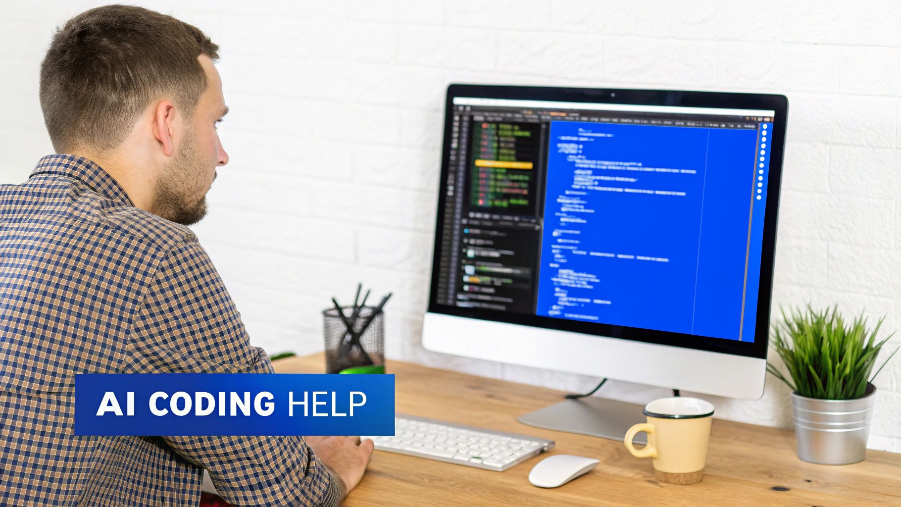 A man works on a computer, coding with AI assistance displayed on screen.