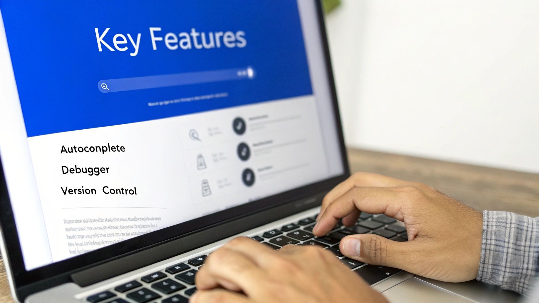Hands typing on a laptop screen displaying "Key Features" like Autocomplete and Debugger for software.