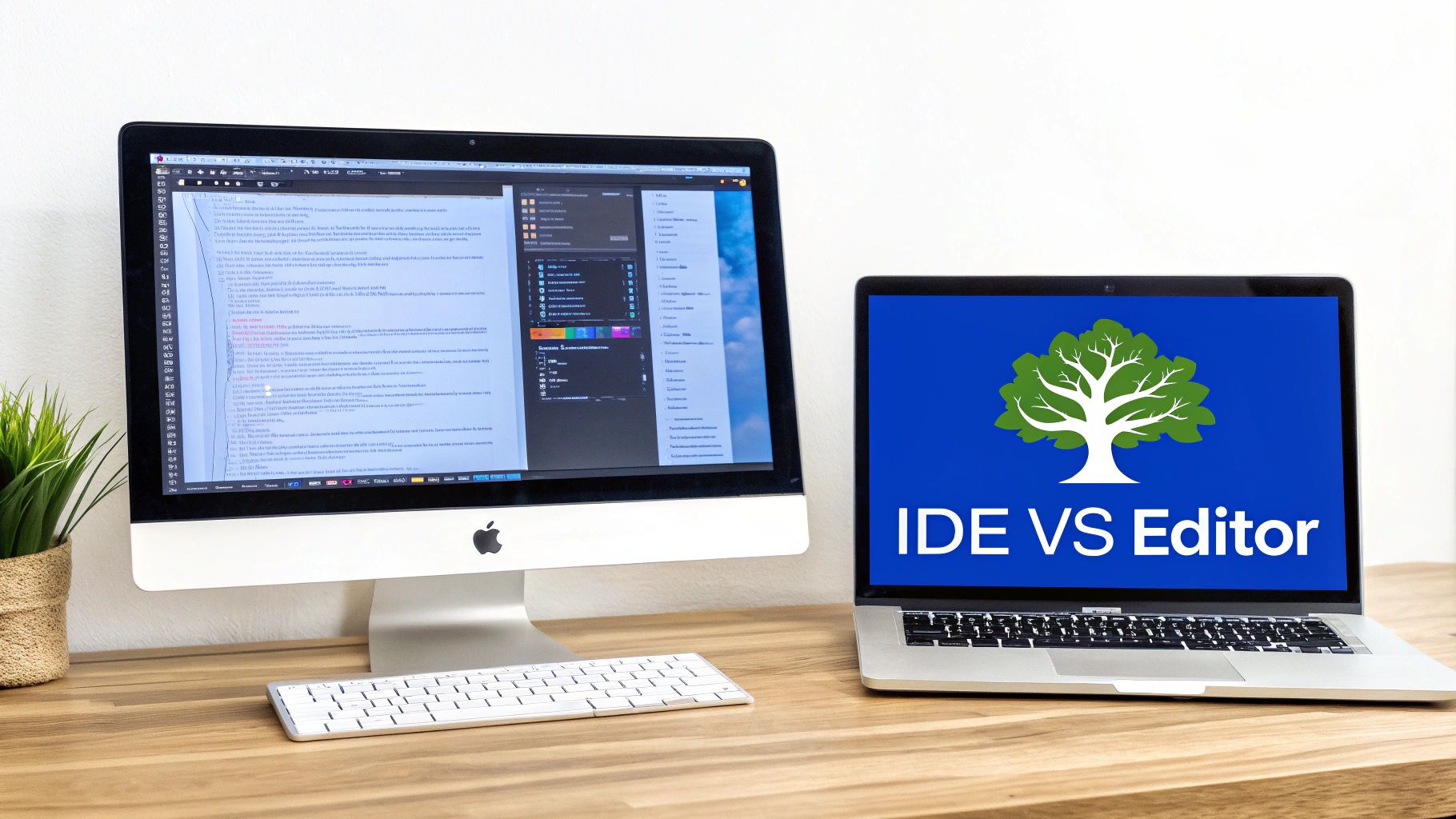 Two computers, an iMac and a laptop, displaying code and 'IDE VS Editor' on a wooden desk.