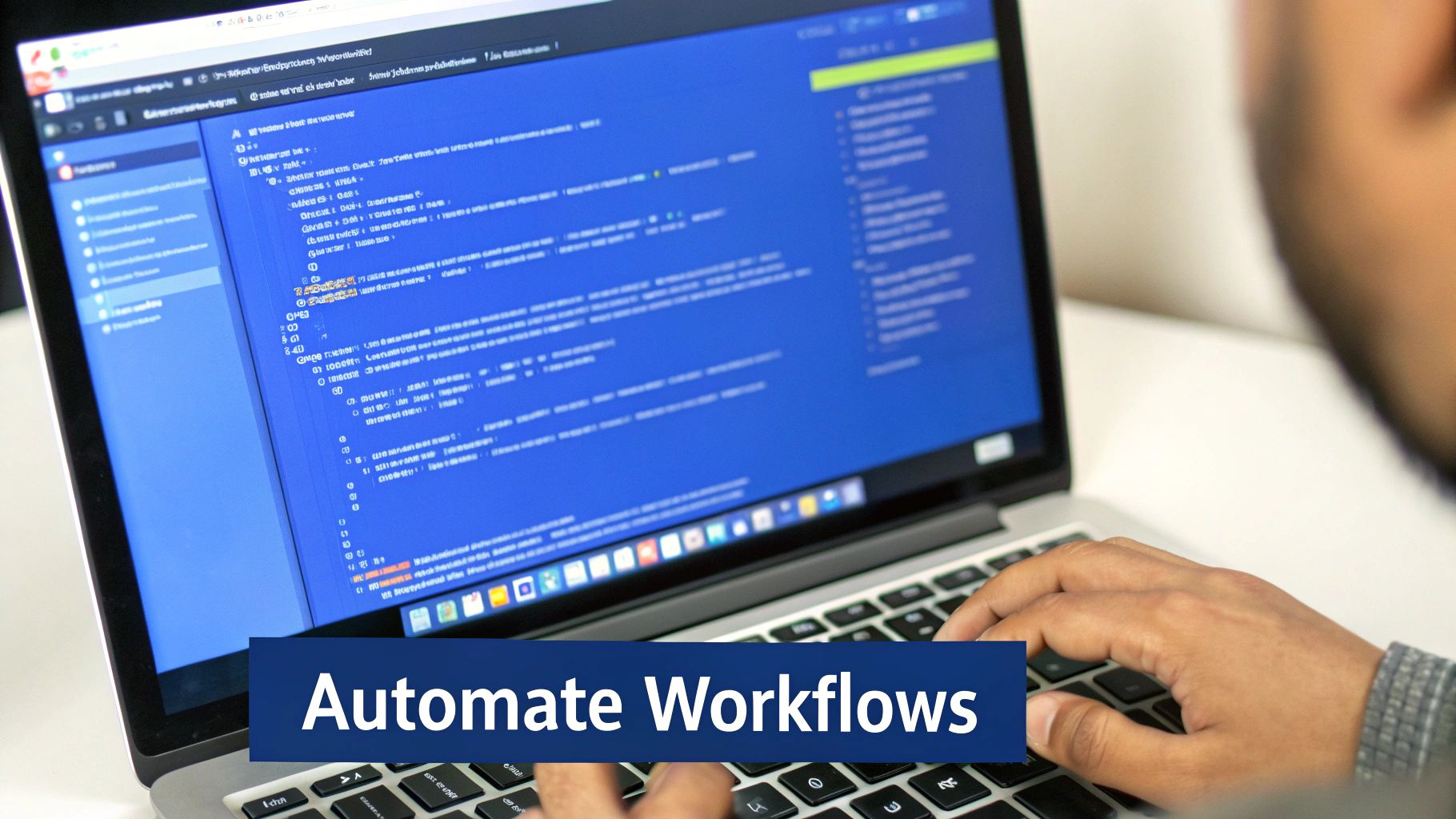 A person types on a laptop, displaying lines of code on the screen, with 'Automate Workflows' banner.
