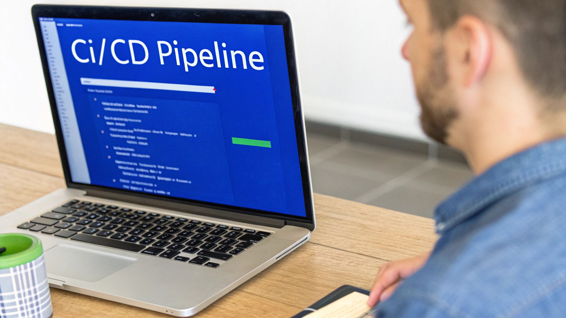A person in a denim shirt looking at a laptop displaying 'CI/CD Pipeline' on screen.
