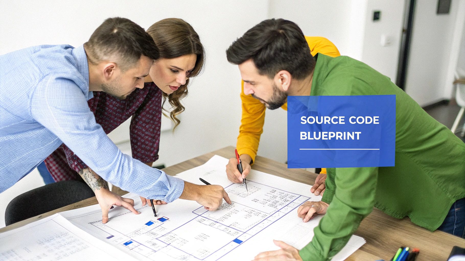 Three diverse colleagues collaboratively reviewing a source code blueprint on a table in an office.