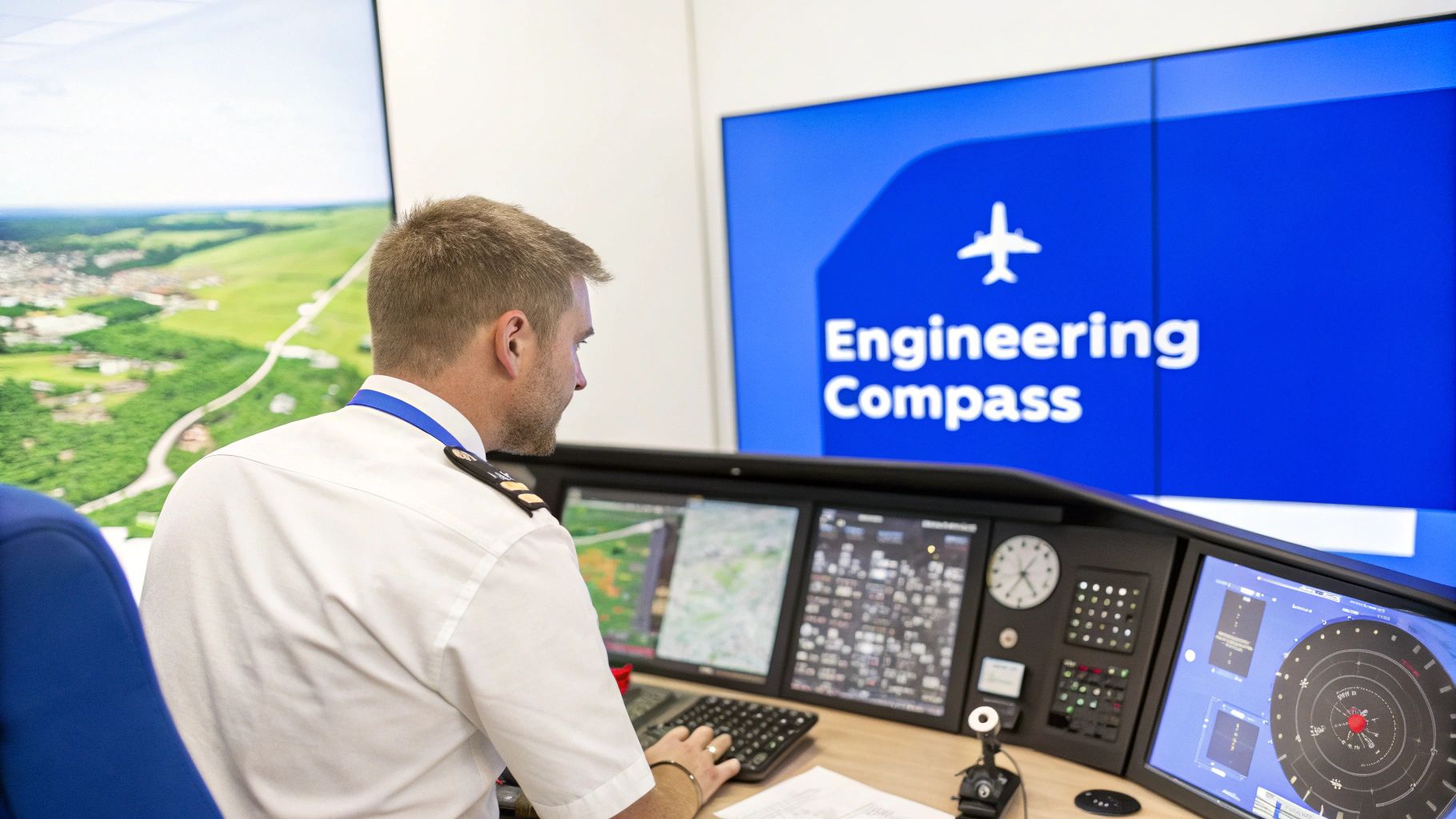 A pilot in uniform operates a sophisticated flight control console with multiple displays.