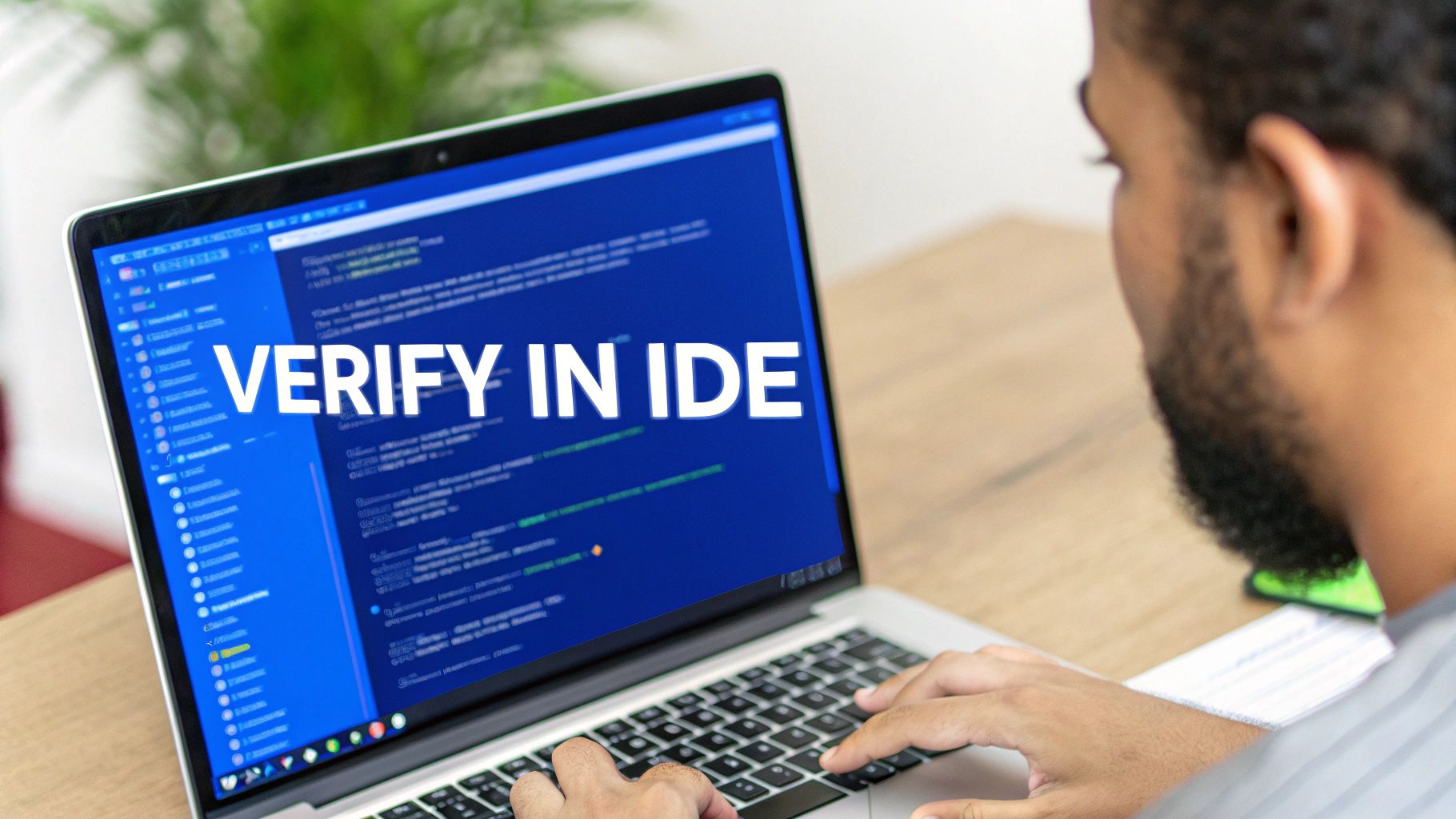 A developer verifies code in an IDE on a laptop, with text 'VERIFY IN IDE' on screen.