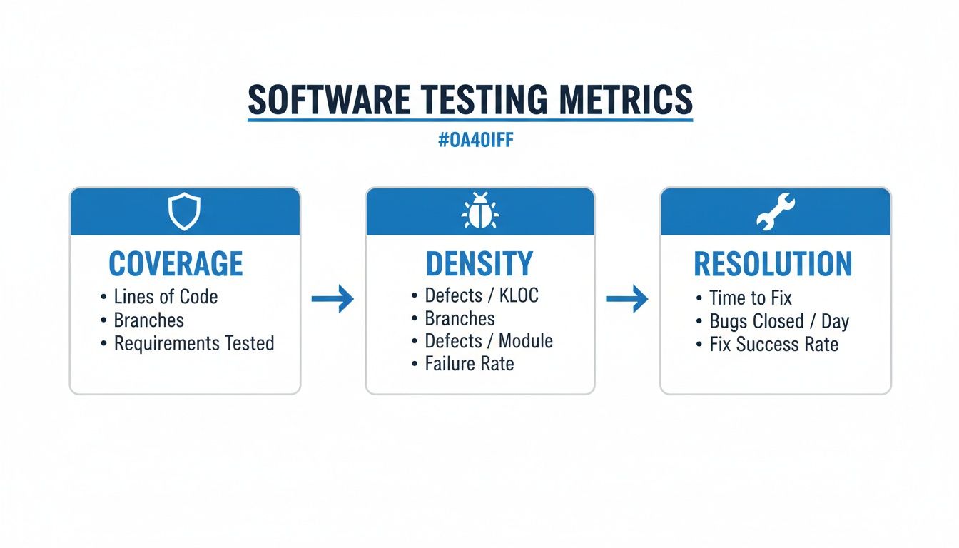 An infographic illustrating software testing metrics, including coverage, density, and resolution categories with examples.