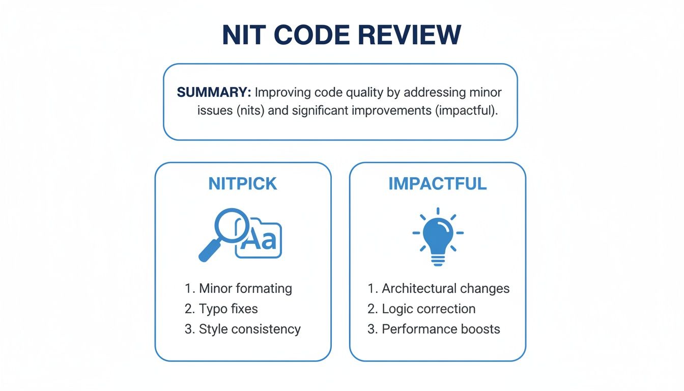 An infographic illustrating the NIT Code Review process, categorizing feedback into nitpicks and impactful changes.