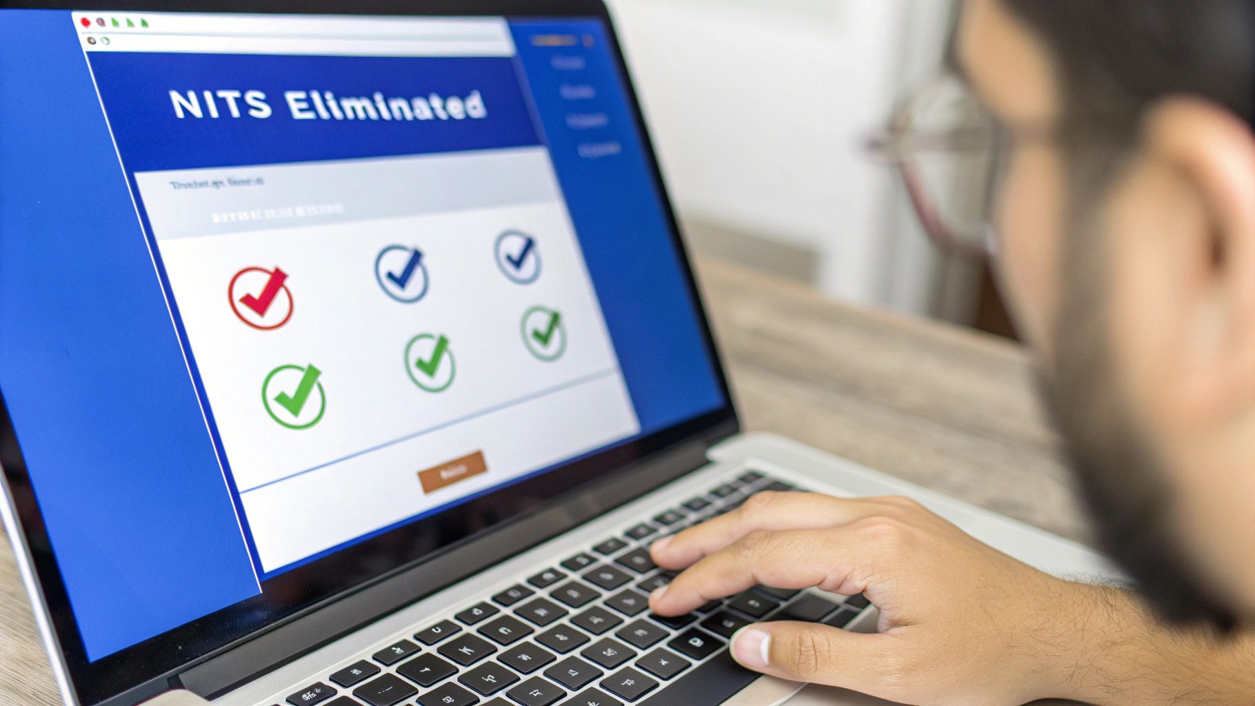 A person reviews 'NITS Eliminated' results on a laptop screen with success and failure indicators.