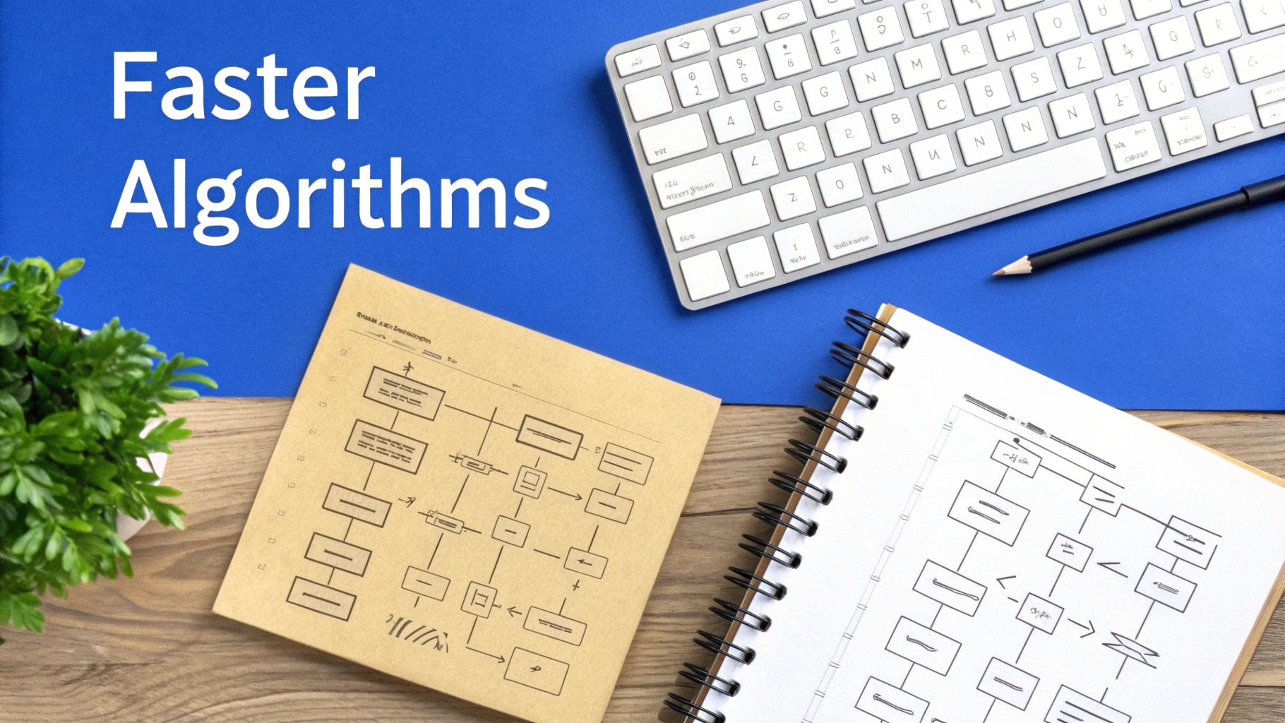 Overhead view of a desk with 'Faster Algorithms' text, a keyboard, plant, pencil, and two flowchart notebooks.