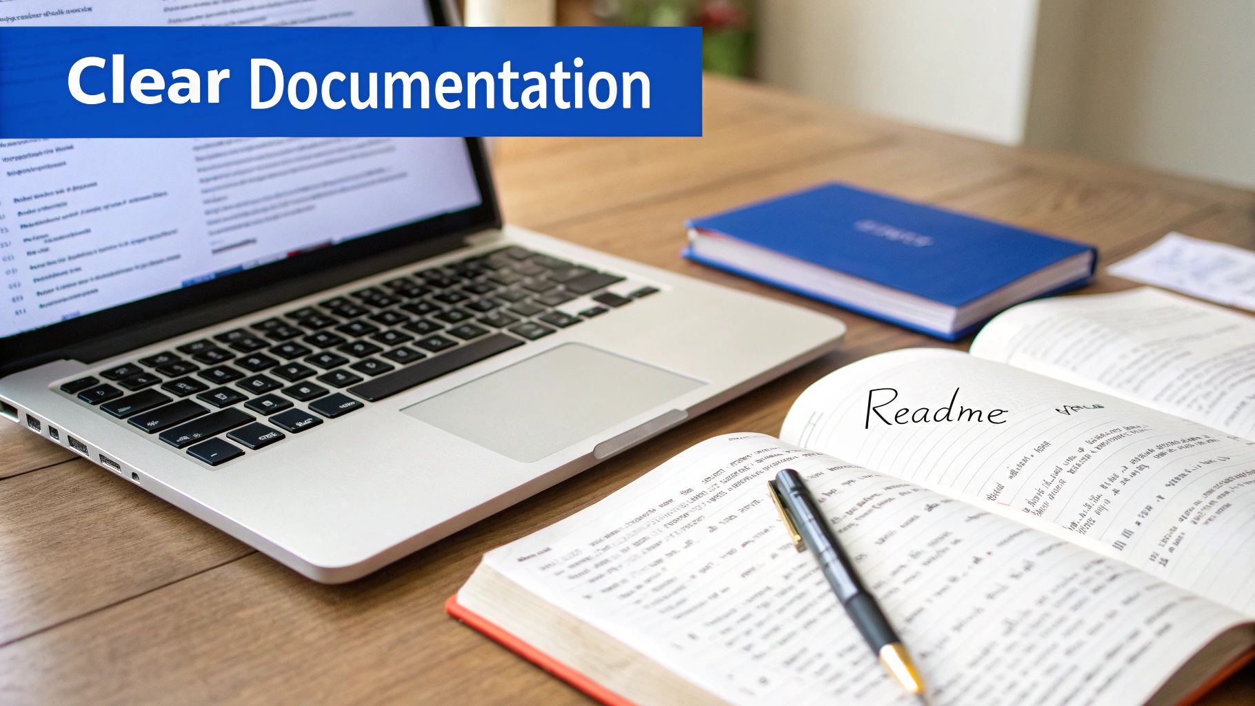 A laptop and an open notebook with 'Readme' written on it, alongside a pen on a wooden desk, emphasizing clear documentation.
