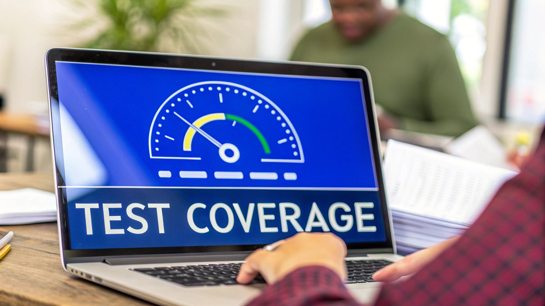 A laptop screen displays a 'TEST COVERAGE' gauge, showing good progress as a person types.