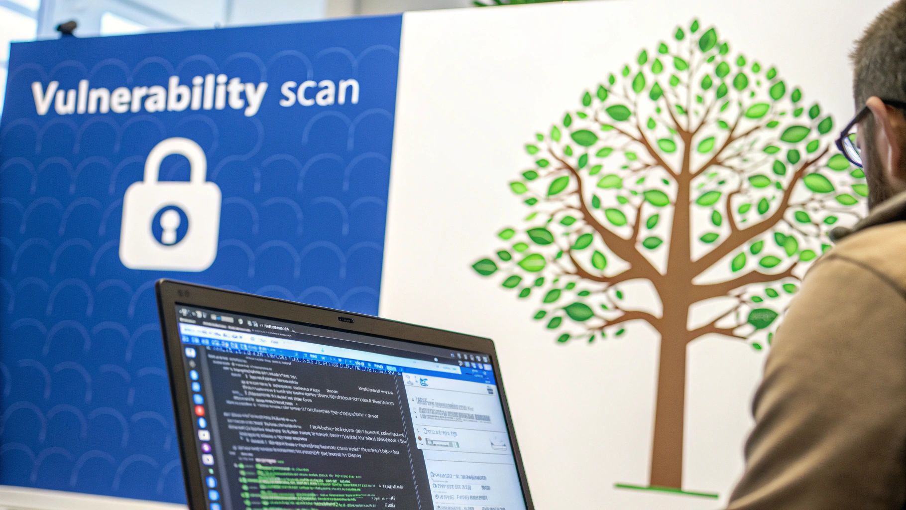 A person works on a laptop, with a 'Vulnerability scan' banner and a green tree graphic behind.