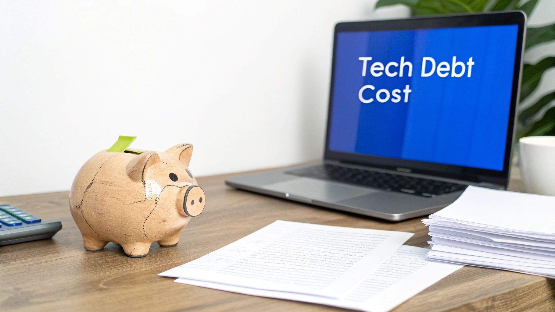 A piggy bank and calculator next to a laptop displaying 'Tech Debt Cost' on a wooden desk with papers.
