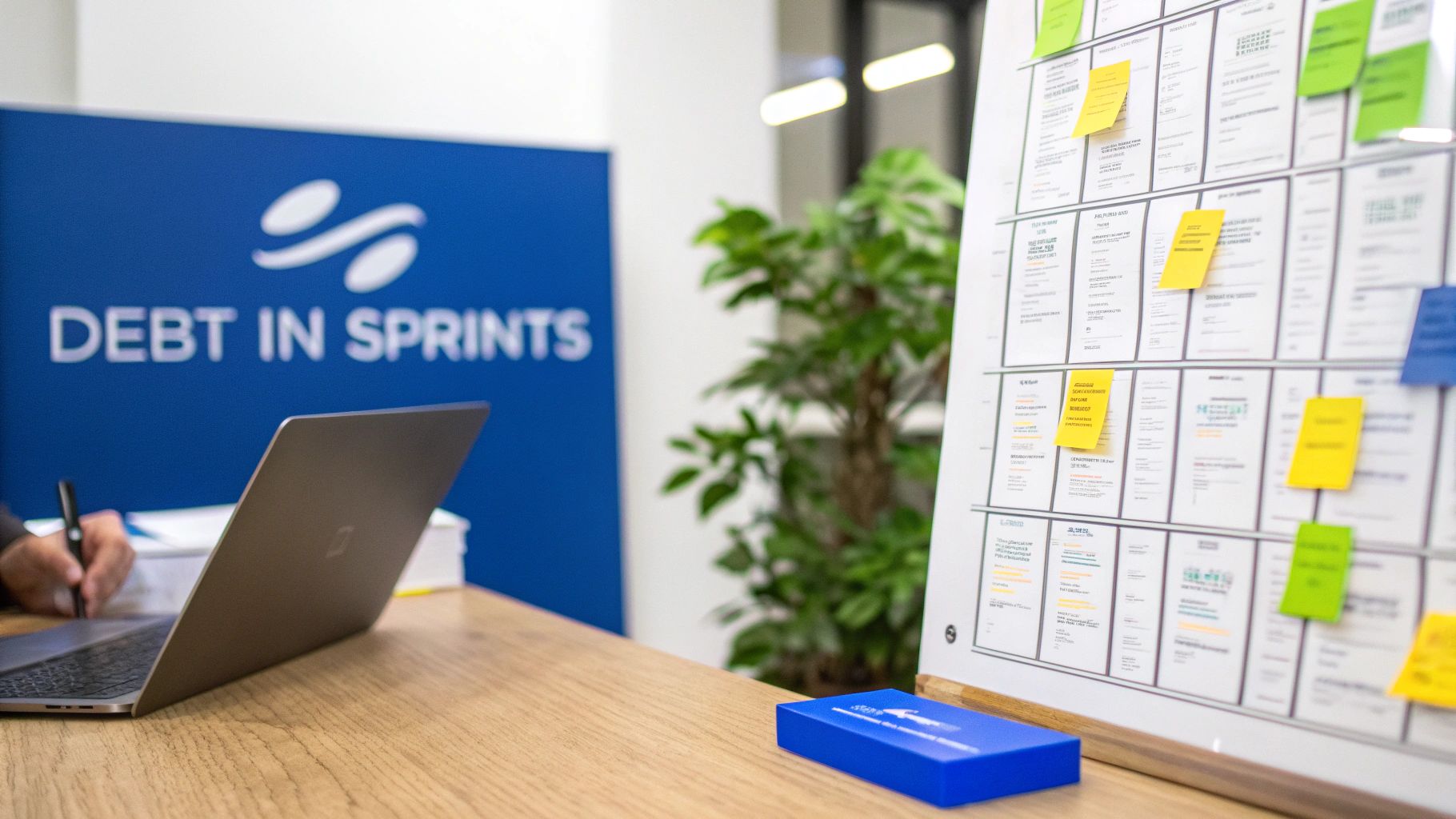 A person works on a laptop at a desk with a project board and a 'Debt in Sprints' banner in the background.
