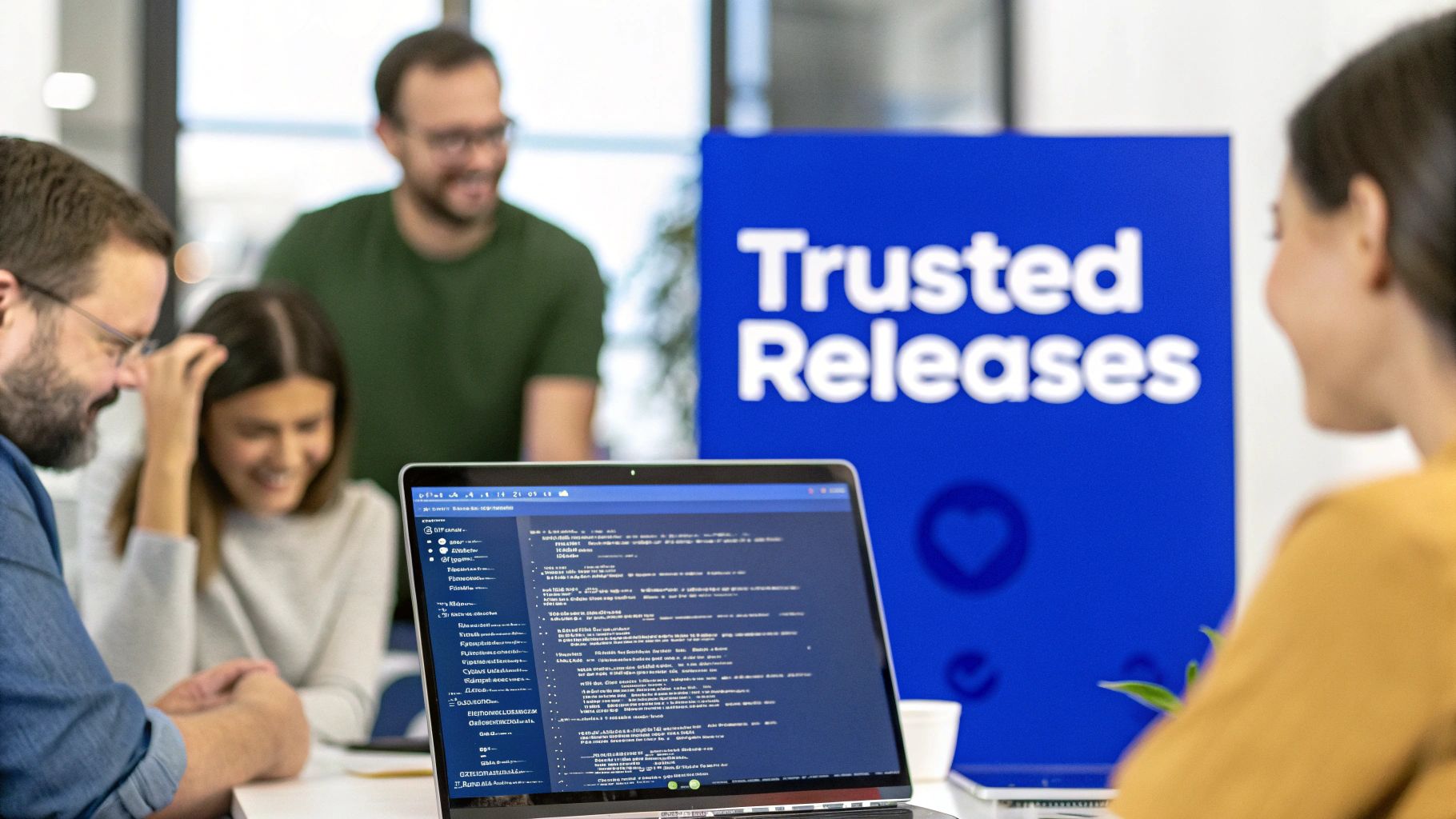 Four diverse professionals collaborating around a laptop displaying code in a modern office environment.