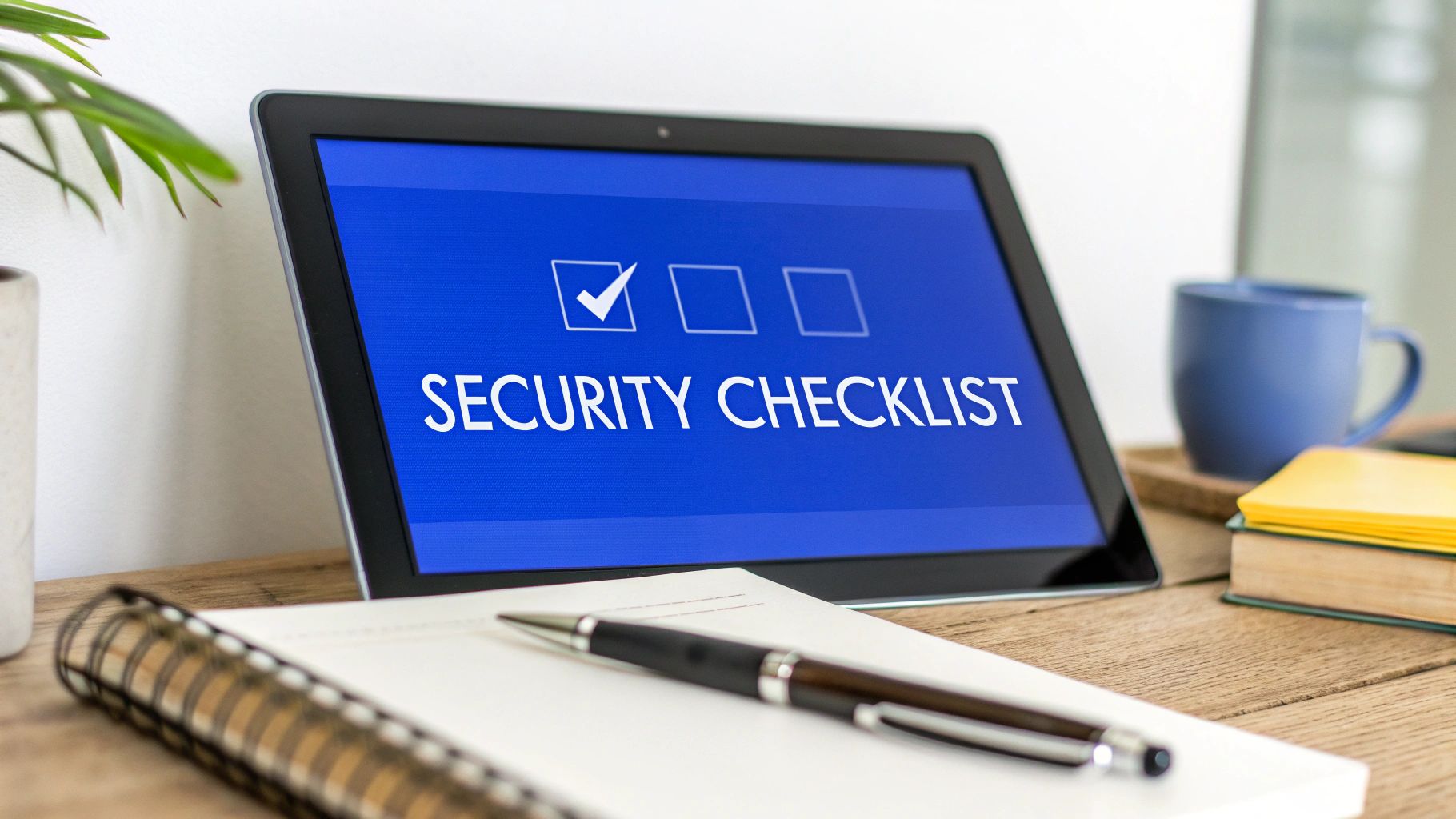 A tablet on a wooden desk displays a 'SECURITY CHECKLIST' with a checked box, beside a notebook and pen.