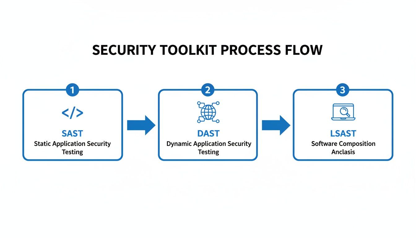A process flow diagram showing three steps of a security toolkit: SAST, DAST, and LSAST.