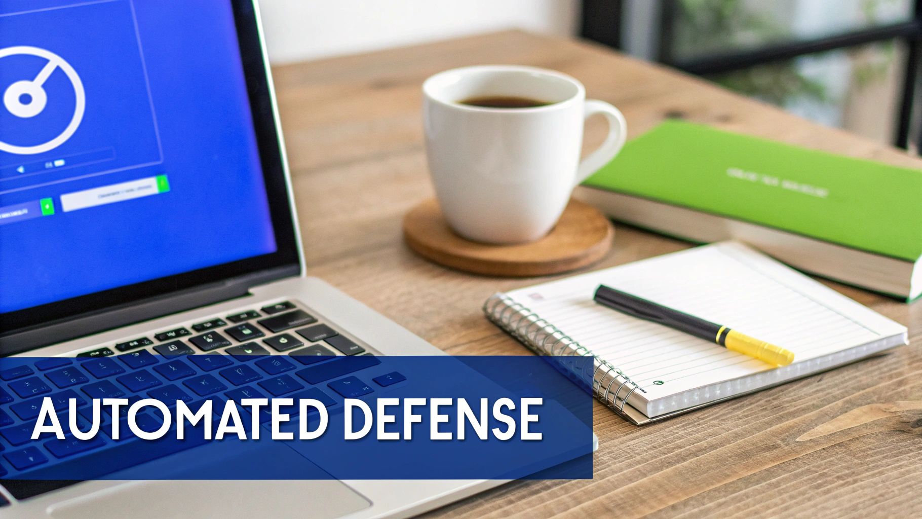 Laptop displaying automated defense software on wooden desk with coffee cup and notebook