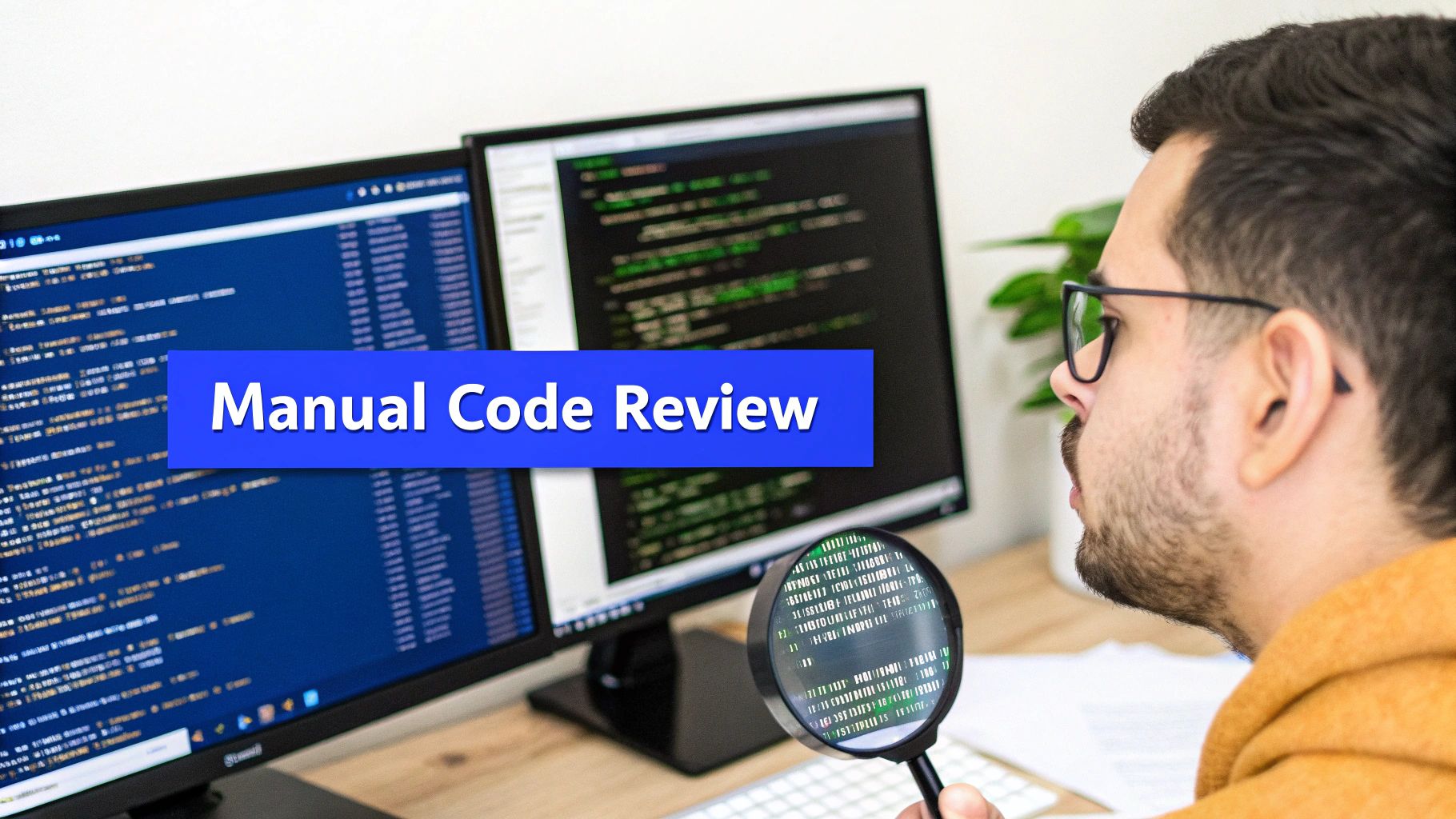 Software developer performing manual code review examining programming code on multiple computer monitors with magnifying glass