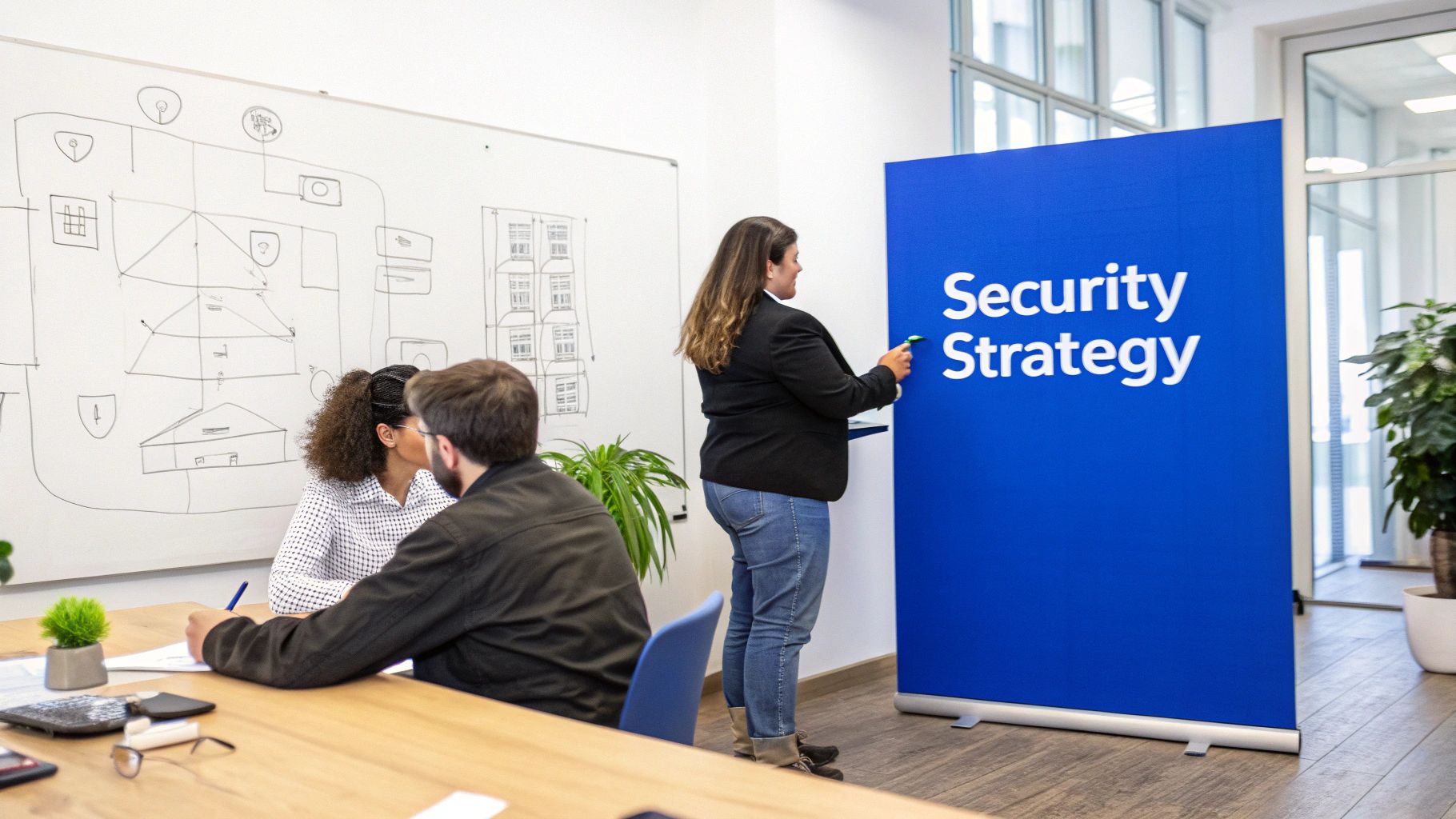 Business team discussing security strategy presentation in modern office meeting room
