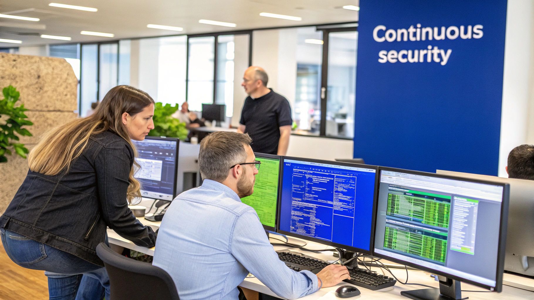 A man and woman reviewing code on multiple monitors in a modern security-focused office.