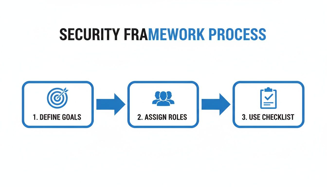 A three-step security framework process: Define Goals, Assign Roles, and Use Checklist.