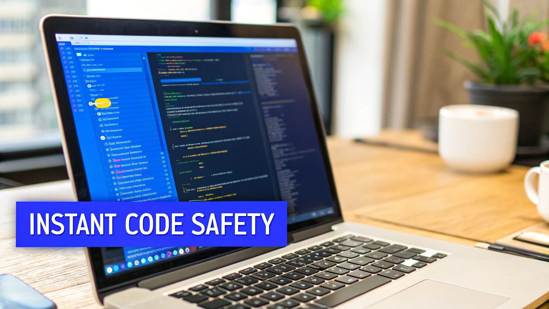 A laptop displaying code on its screen with a blue banner reading 'INSTANT CODE SAFETY' on a desk.
