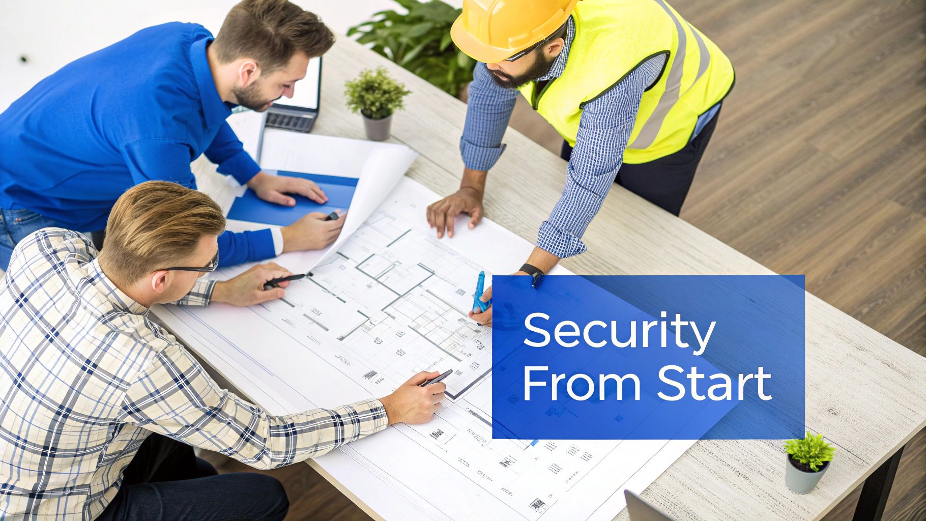Three engineers review architectural blueprints on a table, discussing security planning from the start.